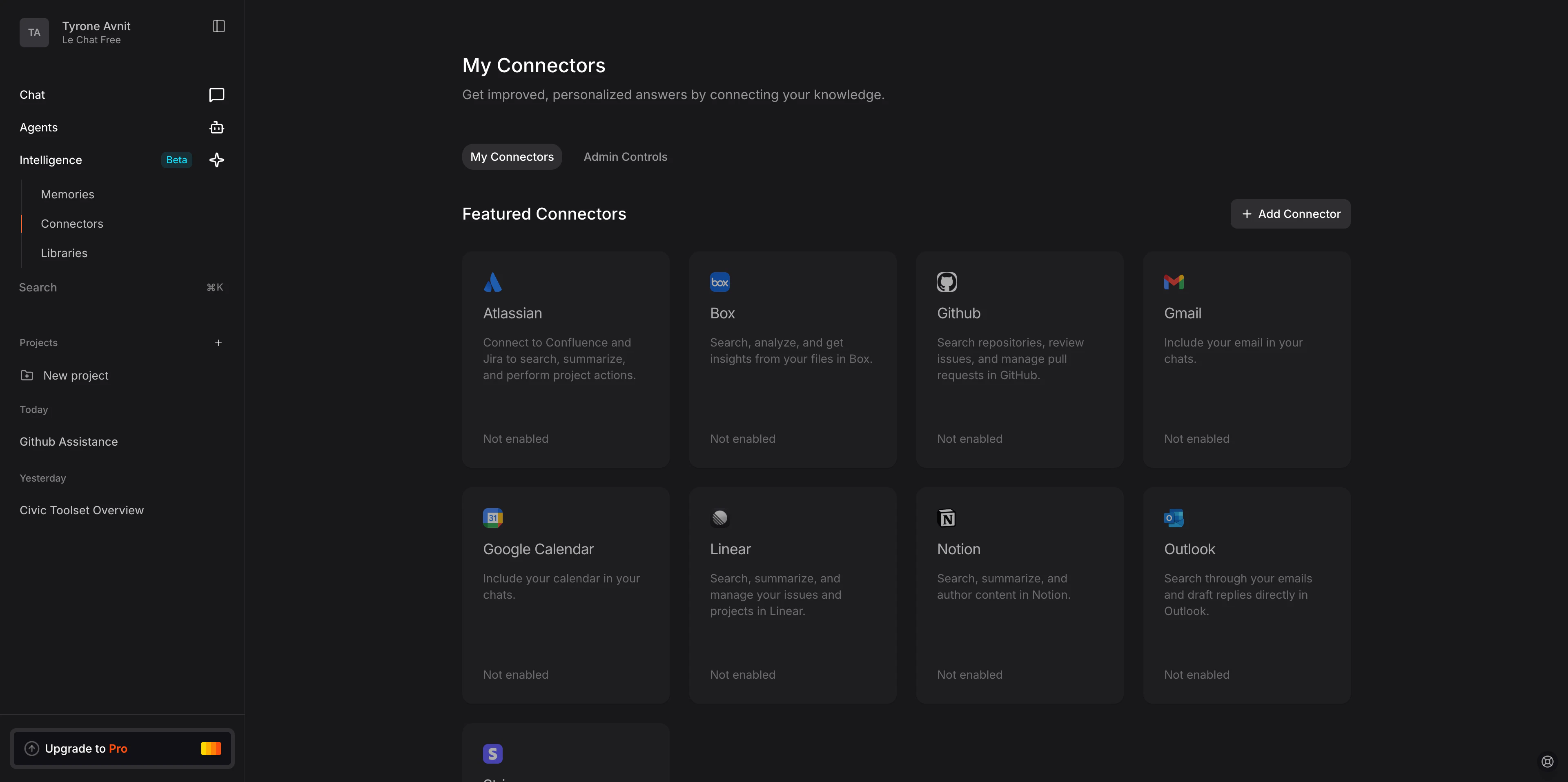 LeChat showing Intelligence tab in left sidebar