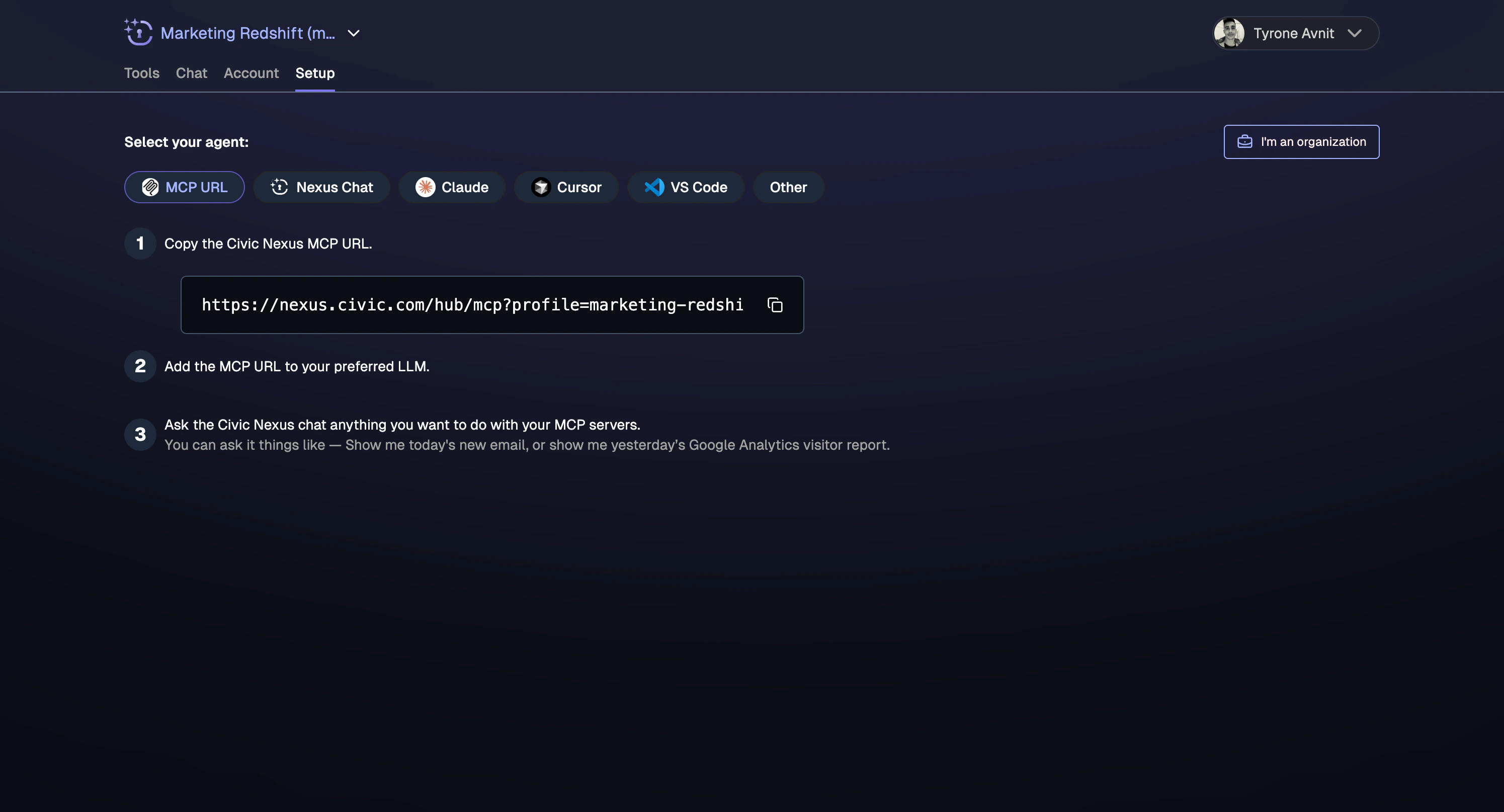 Toolkit setup page showing the unique MCP URL for the toolkit