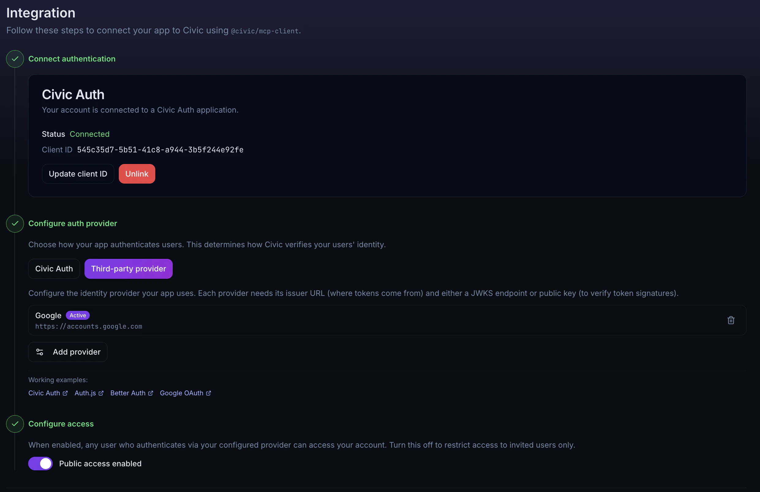 Civic Integration page showing the three-step guided setup: Connect authentication, Configure auth provider, and Configure access