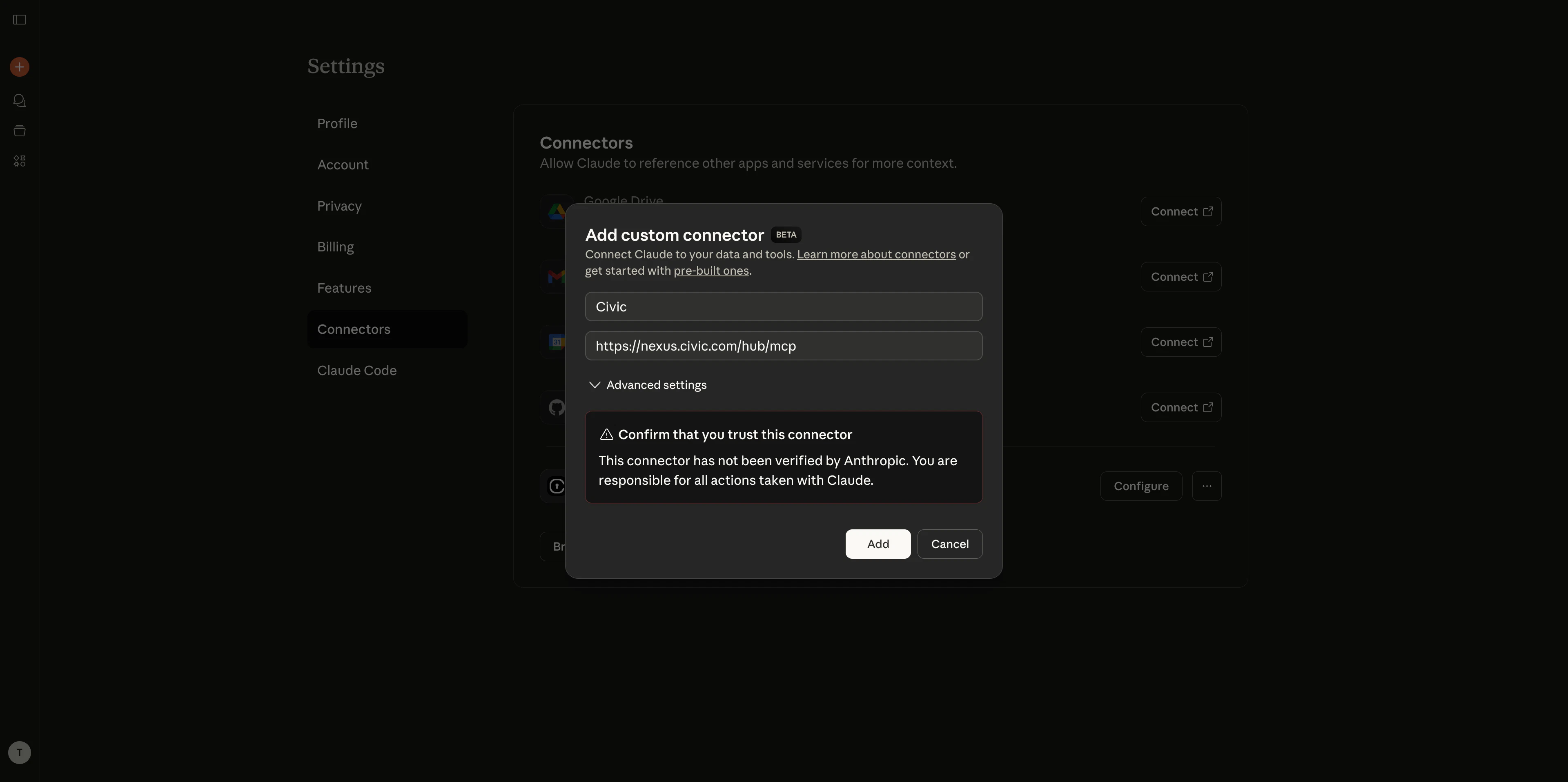 Claude Desktop connector settings dialog