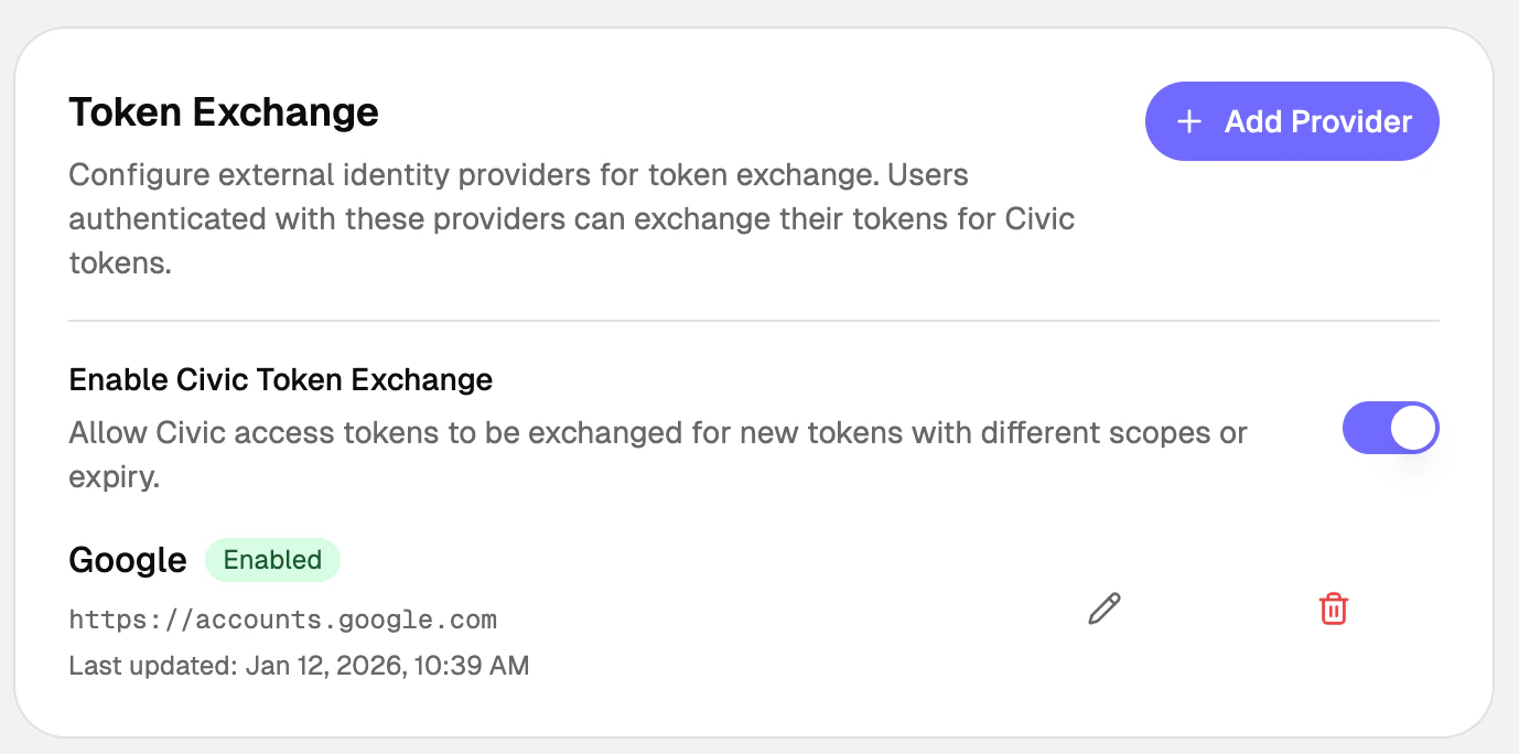 Token Exchange configuration in the Civic Auth Dashboard