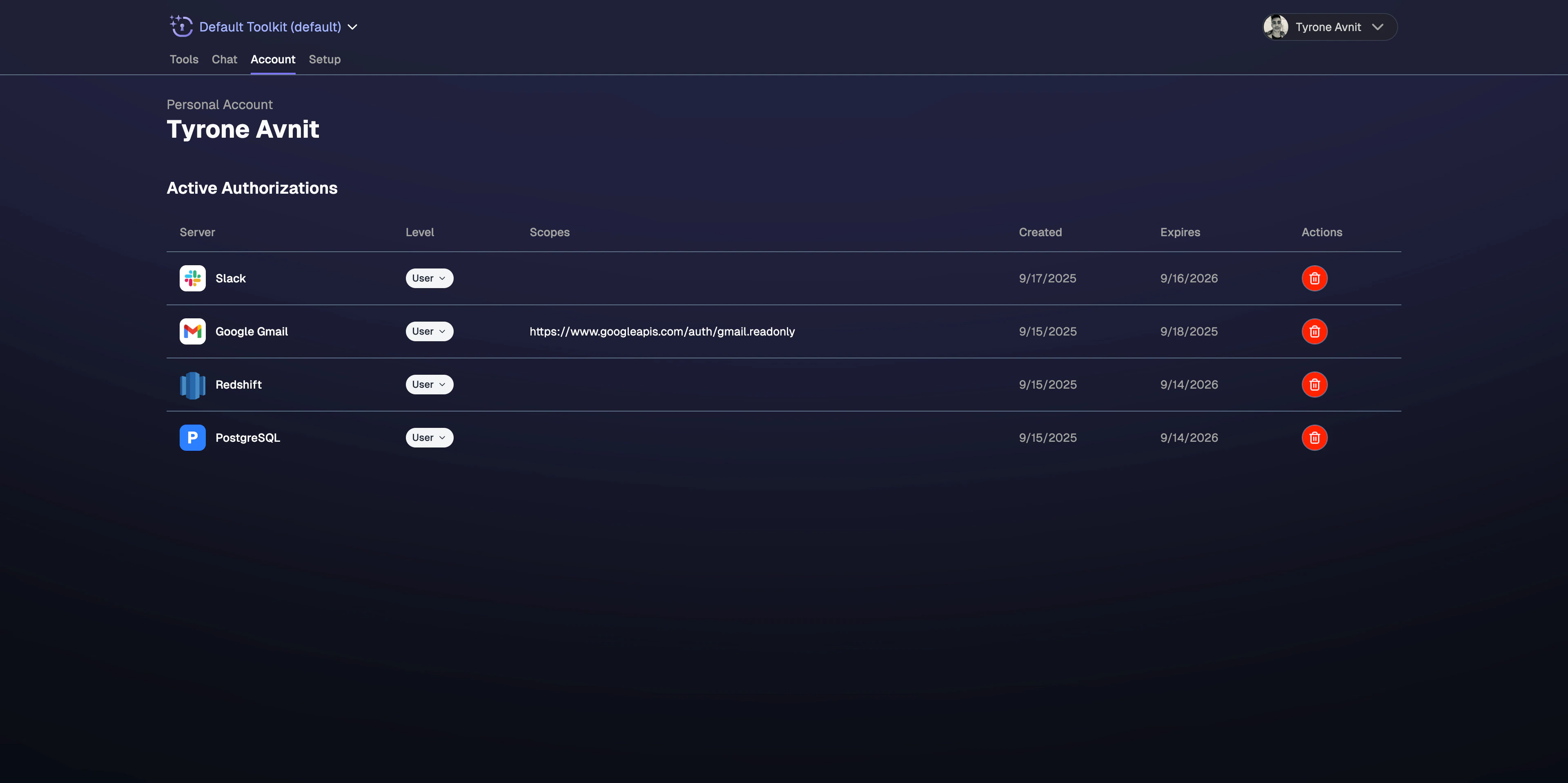 Dashboard showing connected apps with revoke access buttons