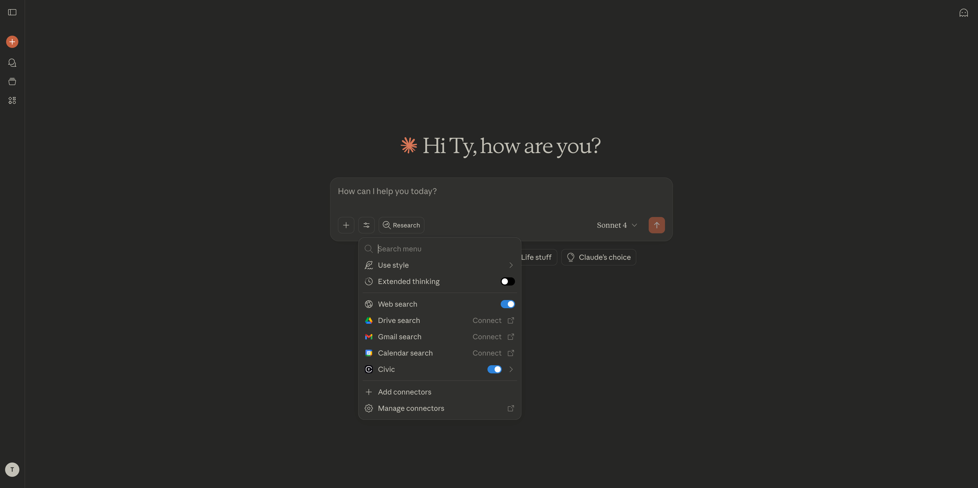 Claude.ai showing connected Civic Nexus connector