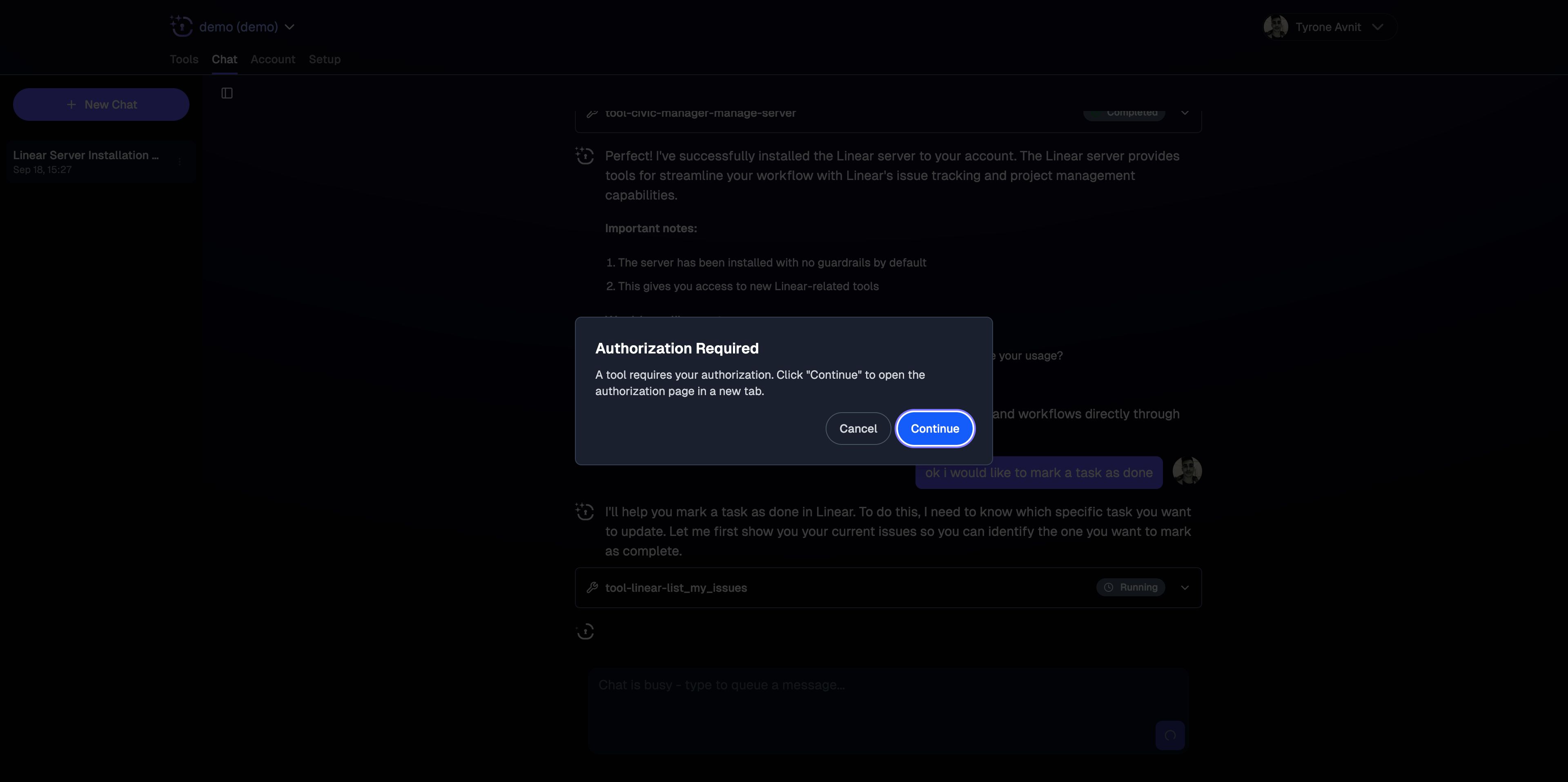 Authorization prompt in Nexus Chat