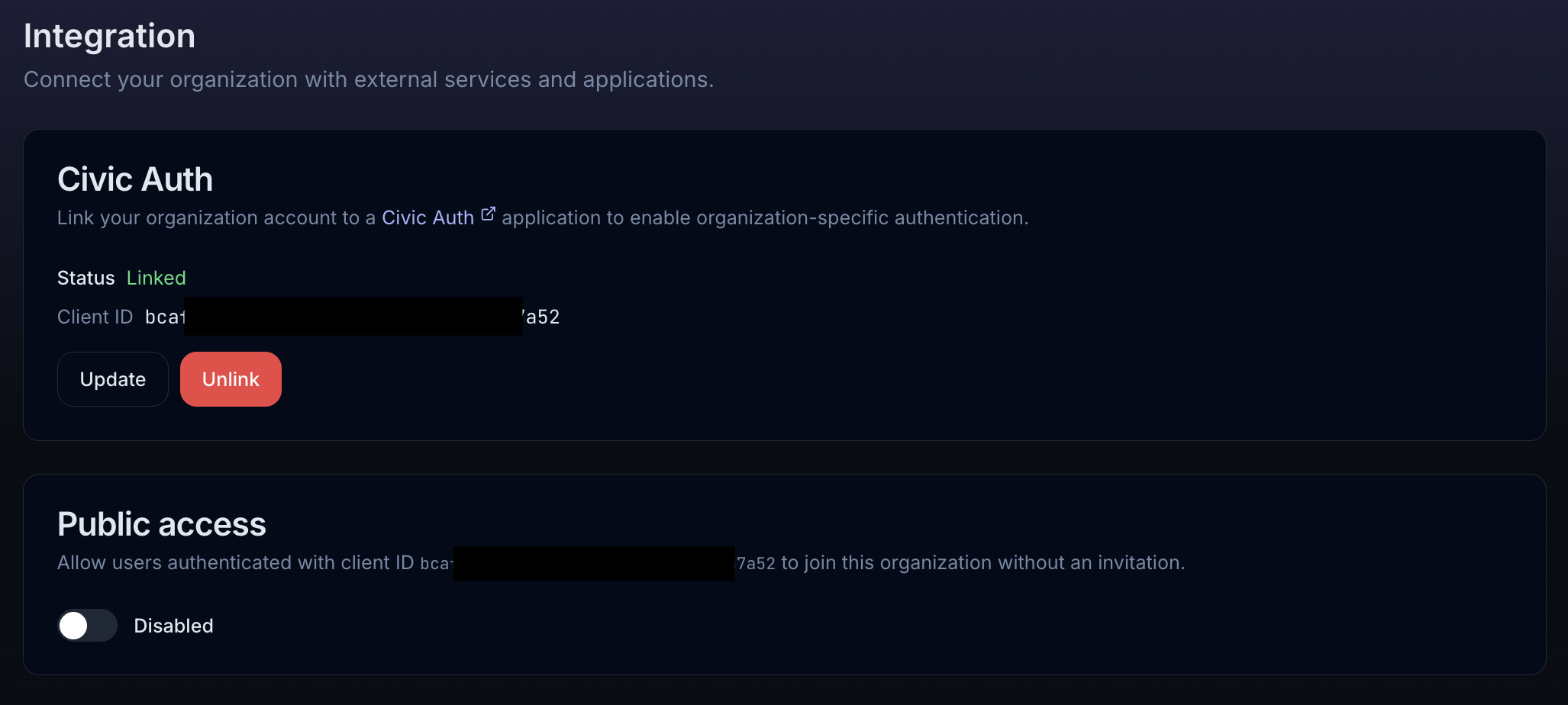Civic Auth integration settings showing a linked Client ID and public access controls