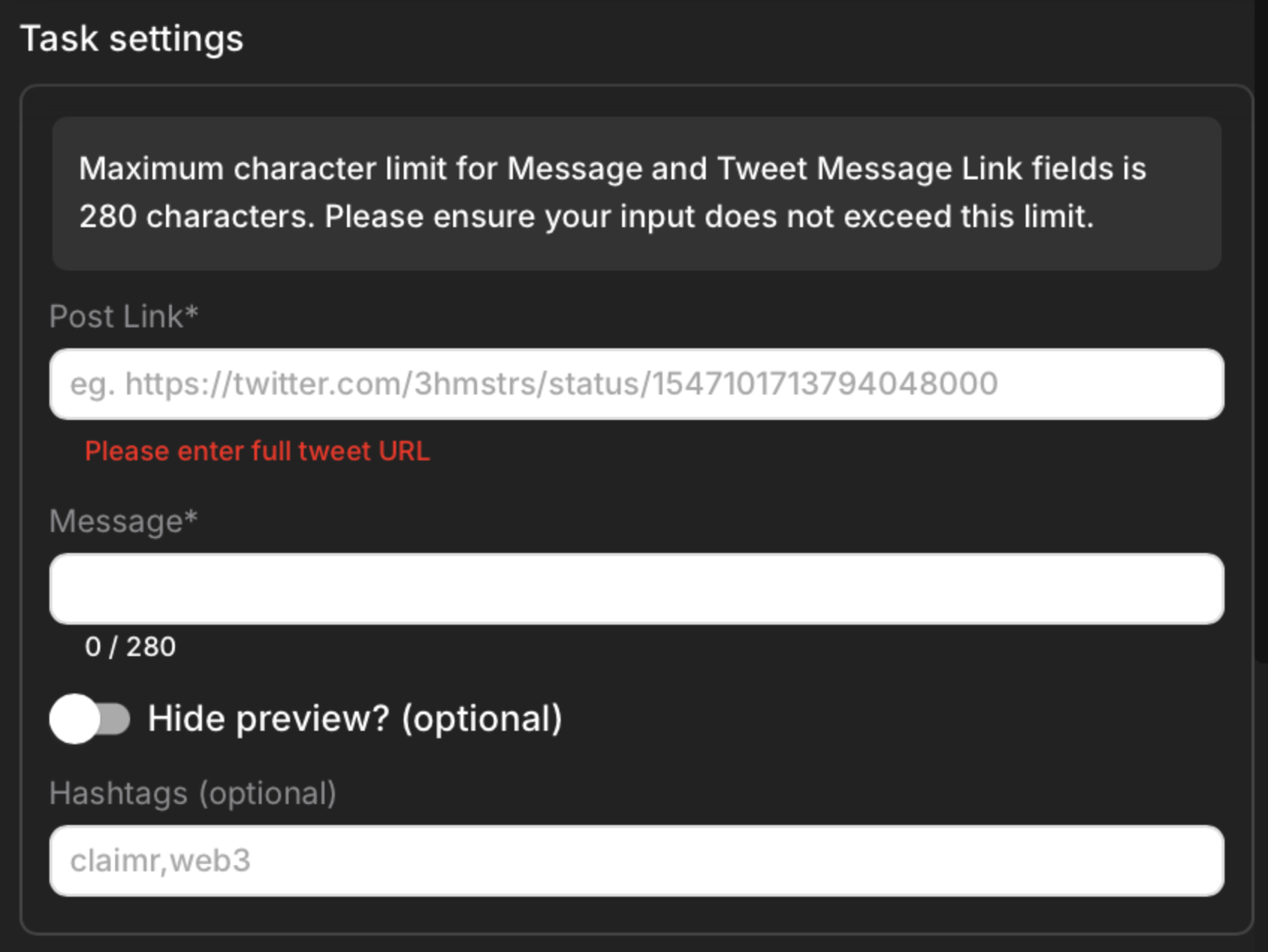 Comment task settings
