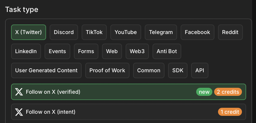 Select the Follow on X task type