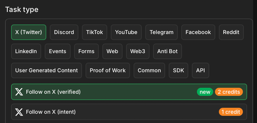 Select the Follow on X task type