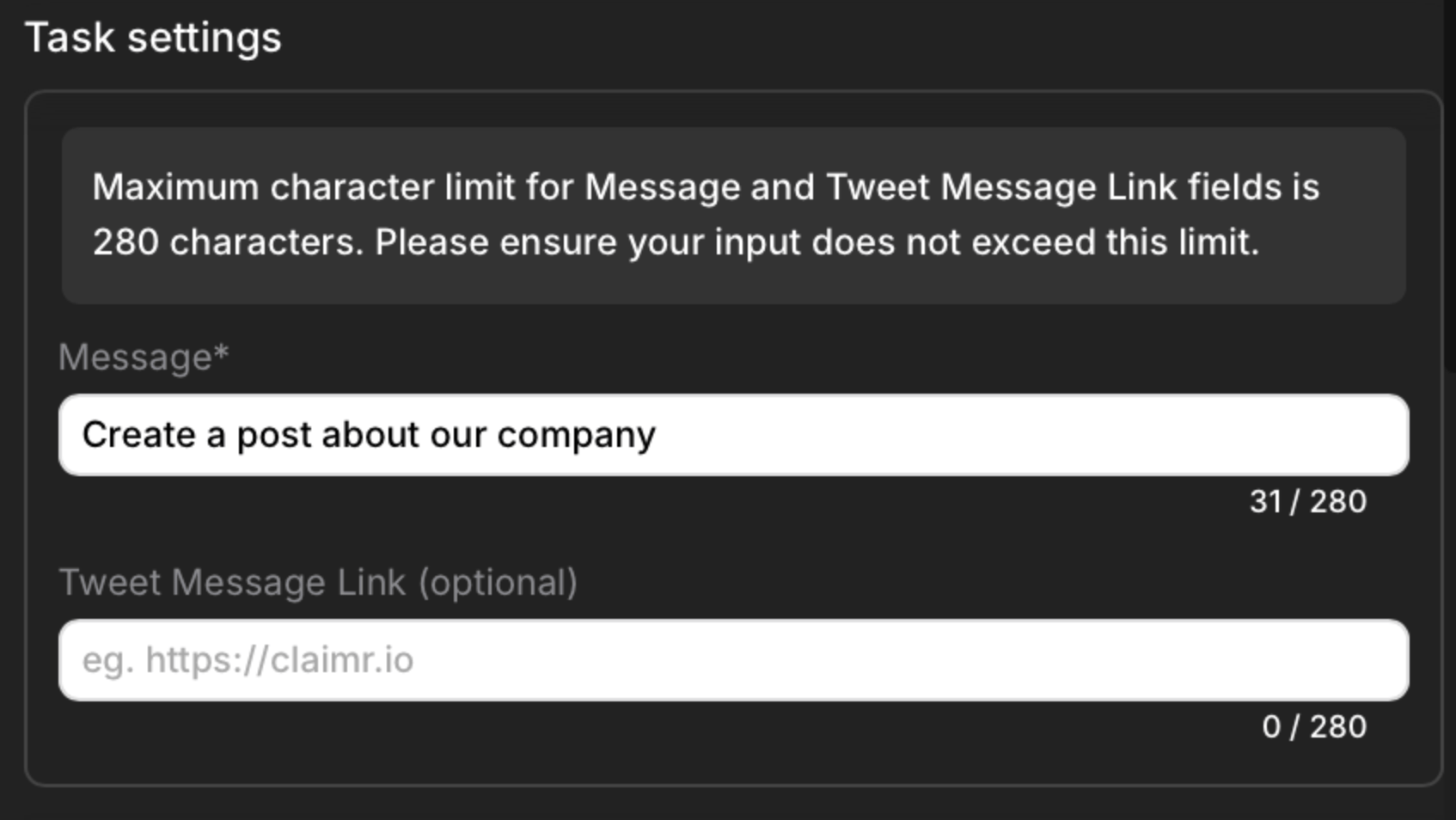 Post task Message field