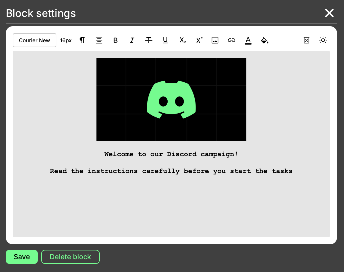 Block settings text editor
