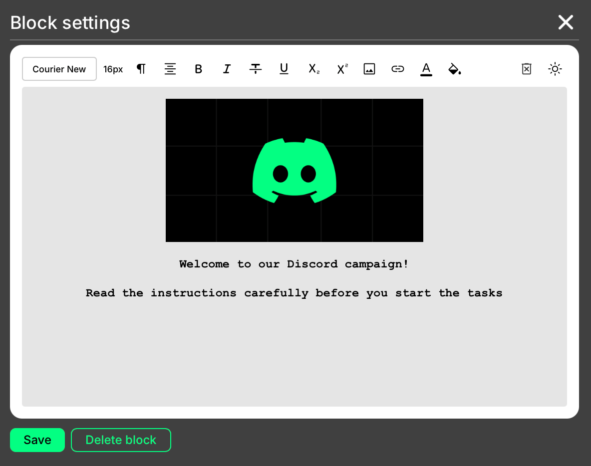 Block settings text editor