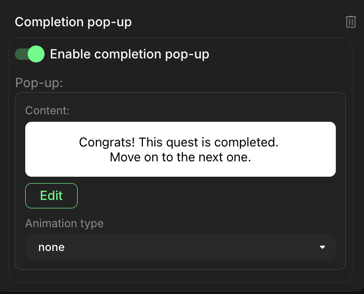 Completion pop-up section