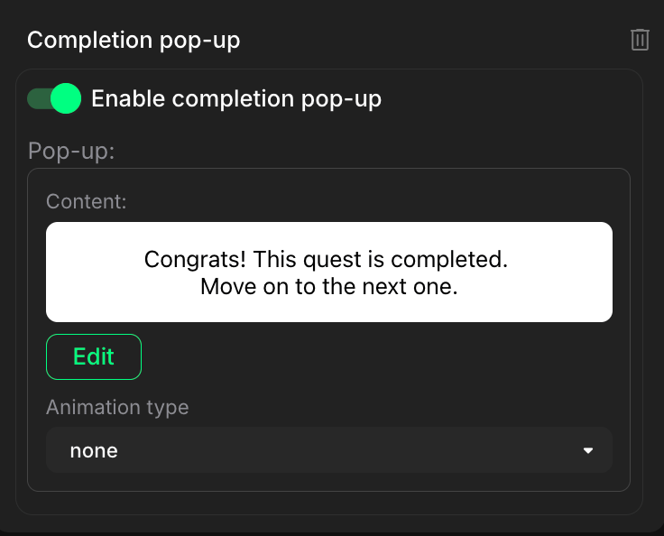 Completion pop-up section