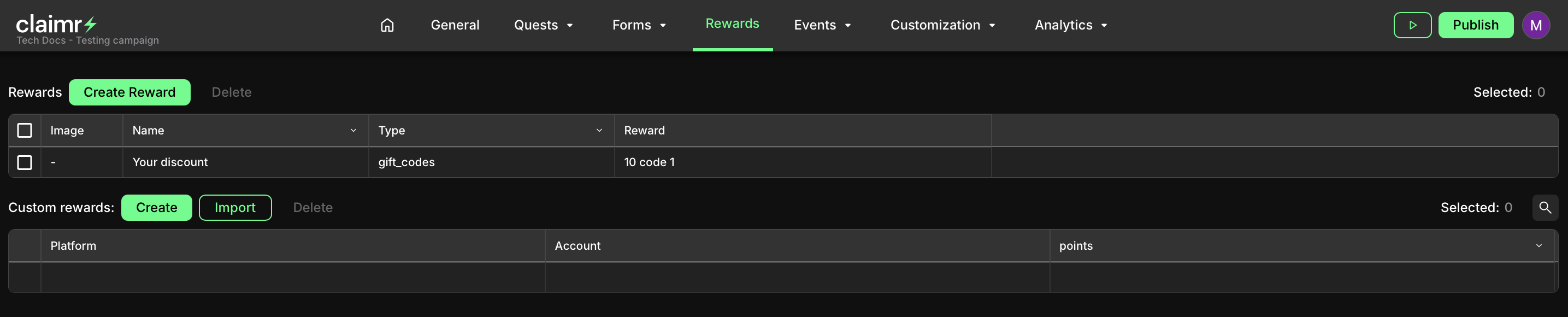 Create reward from the Rewards tab
