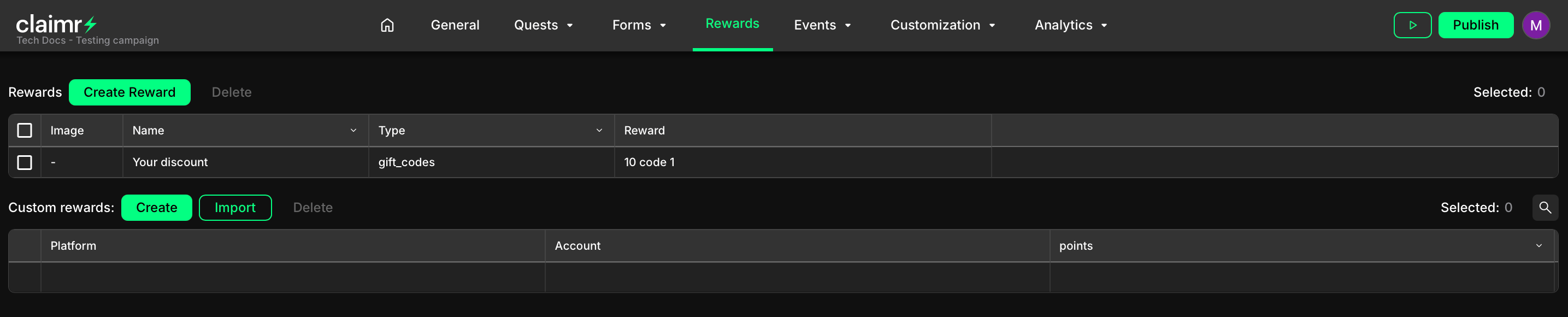 Create reward from the Rewards tab