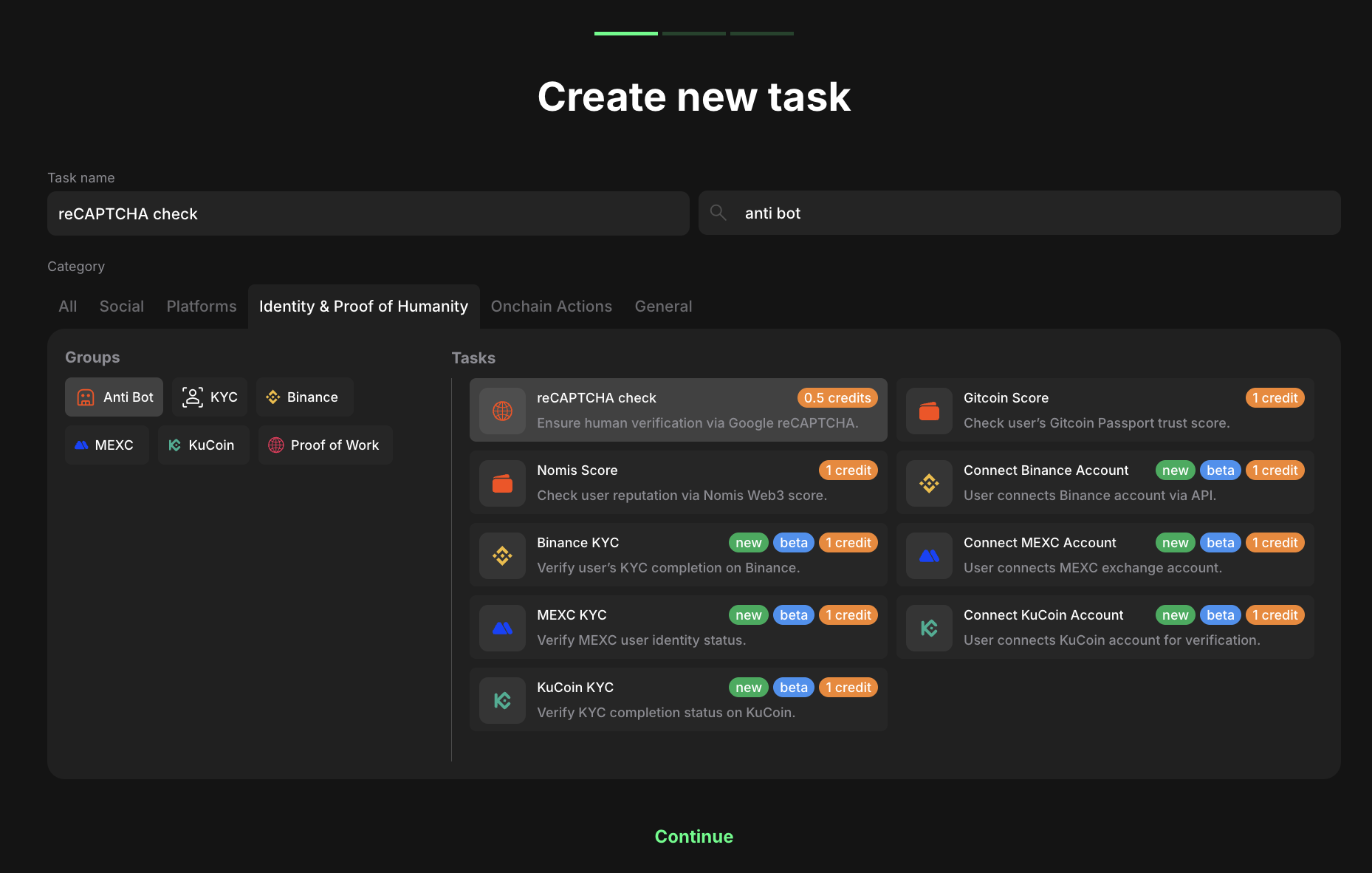 Anti-bot task type selection