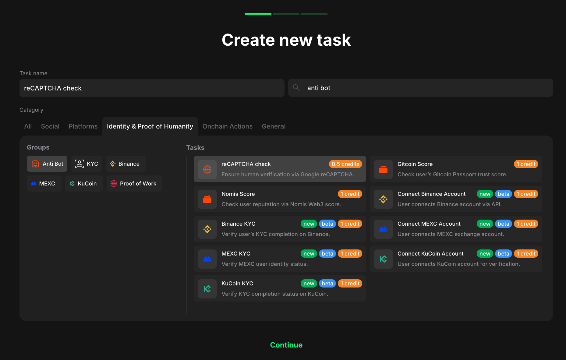 Anti-bot task type selection