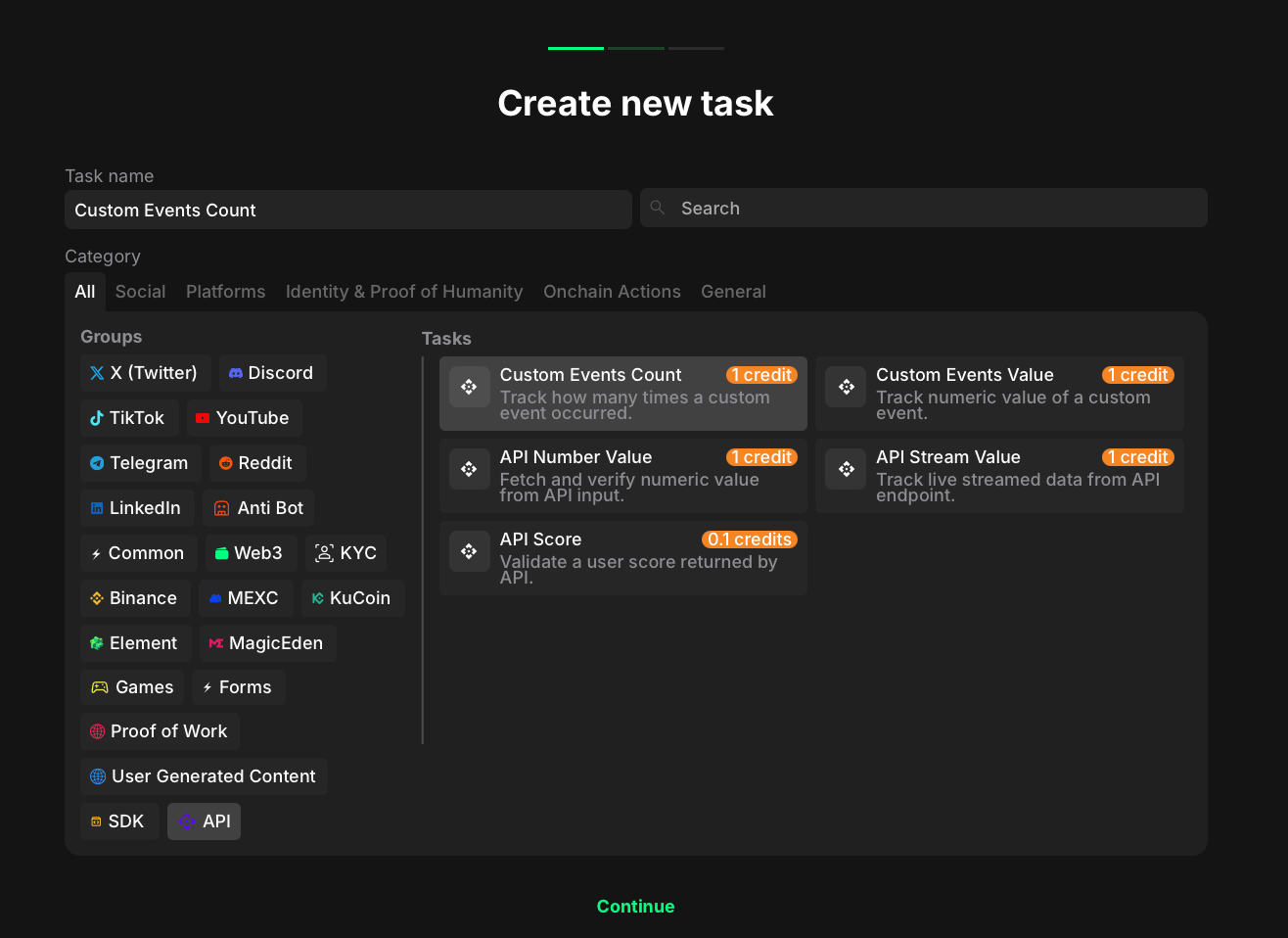 Custom events count task category selection
