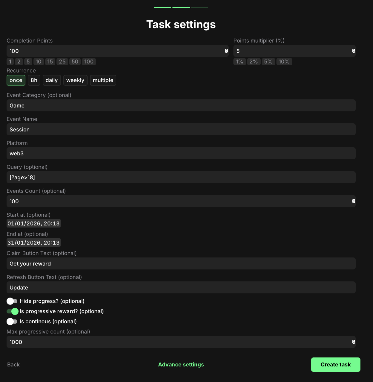 Custom events count task settings