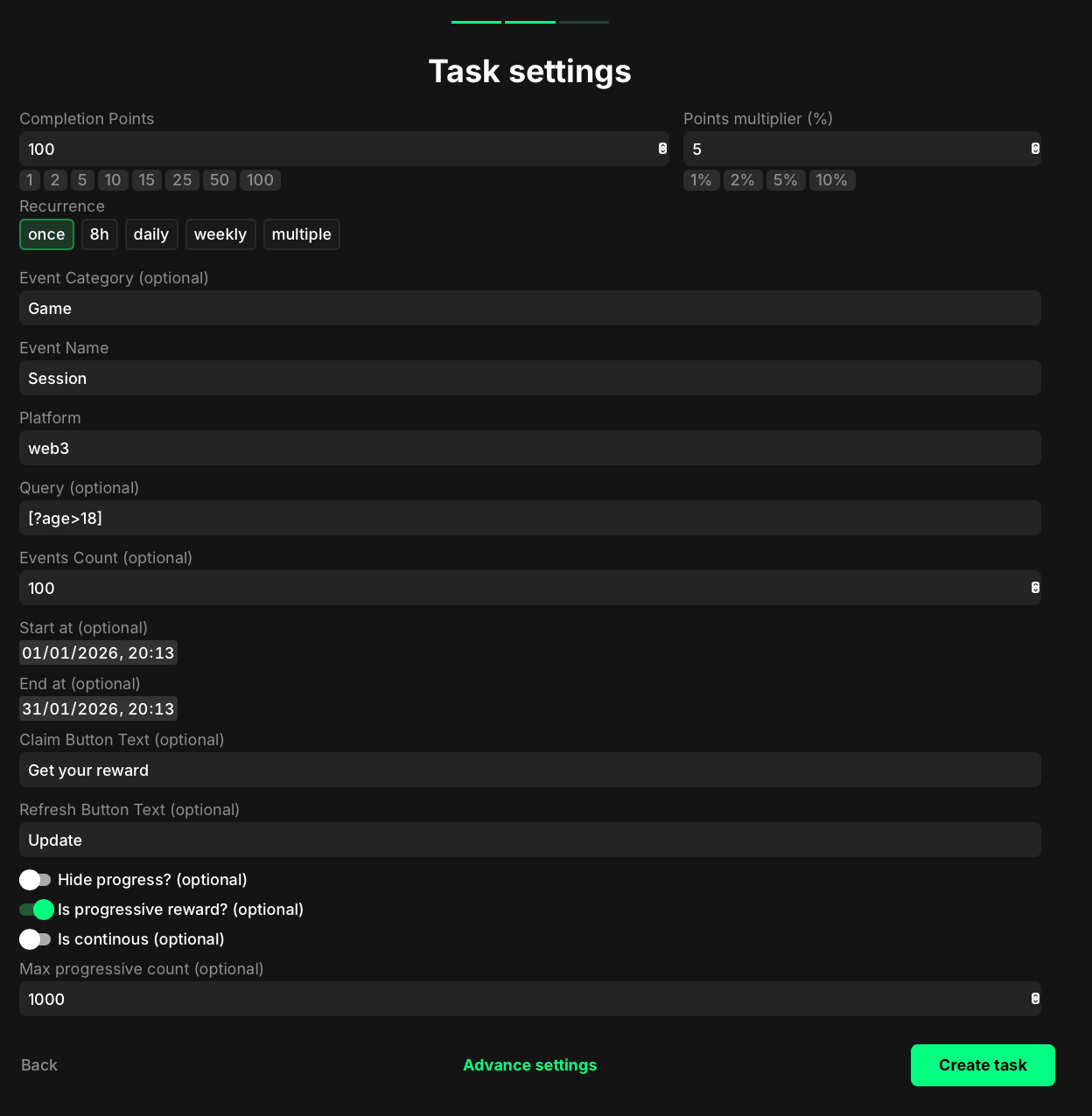 Custom events count task settings