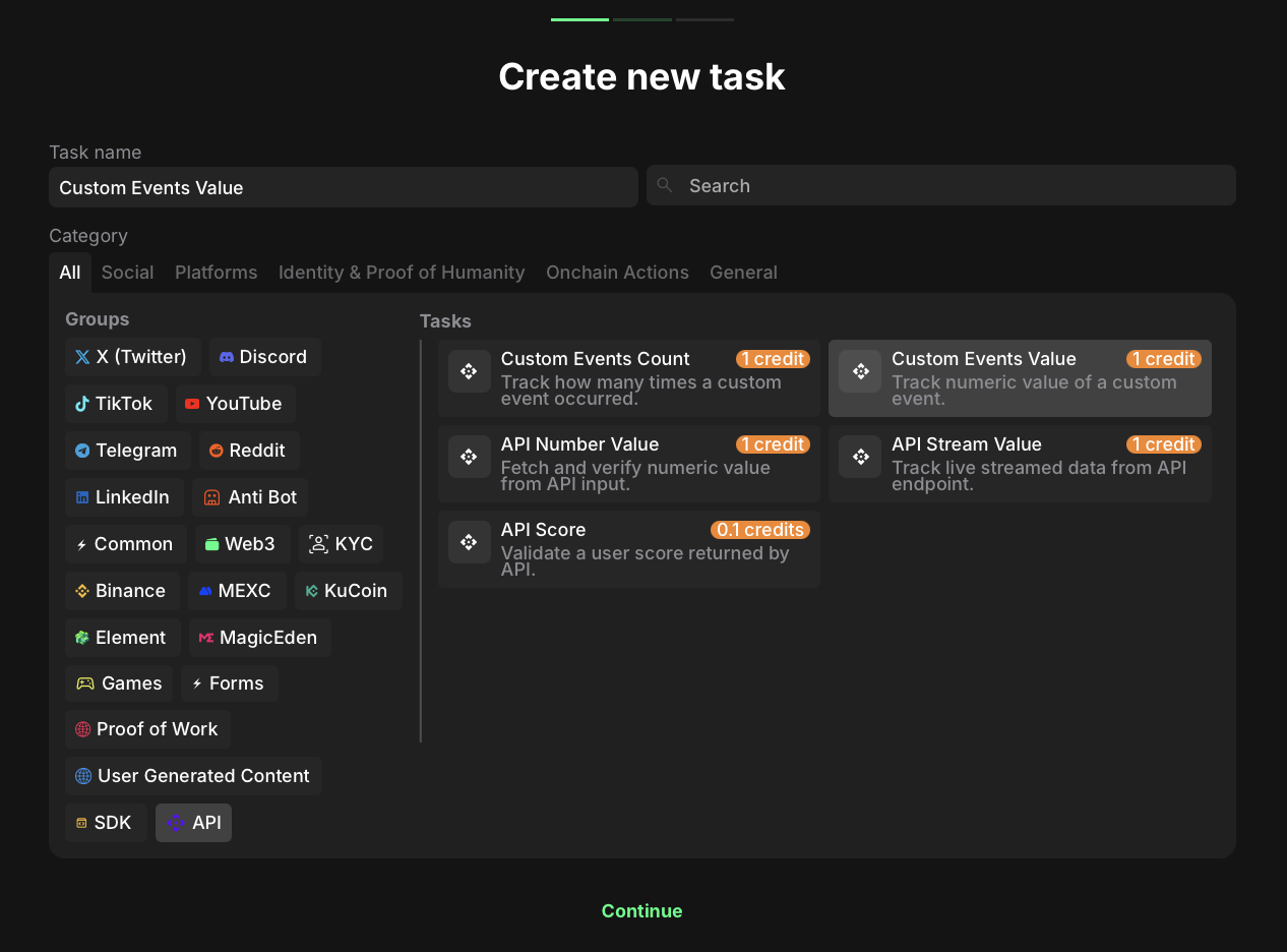 Custom events value task category selection