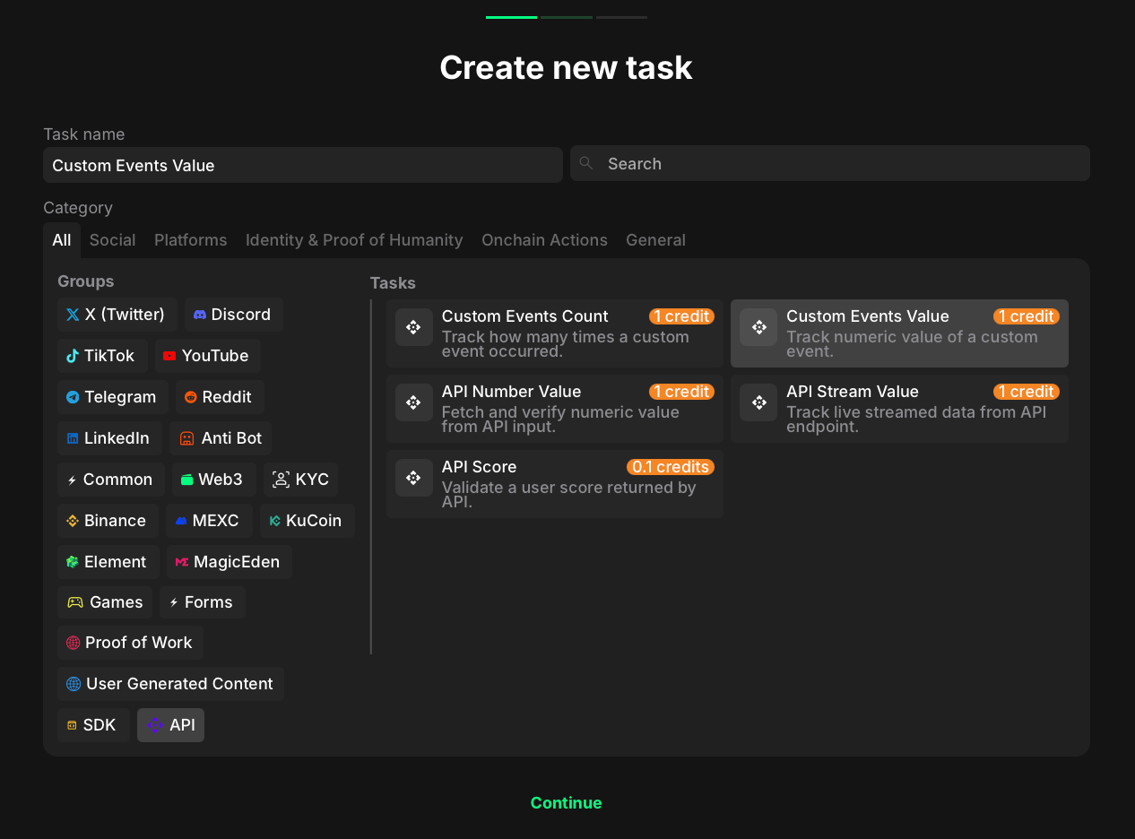 Custom events value task category selection