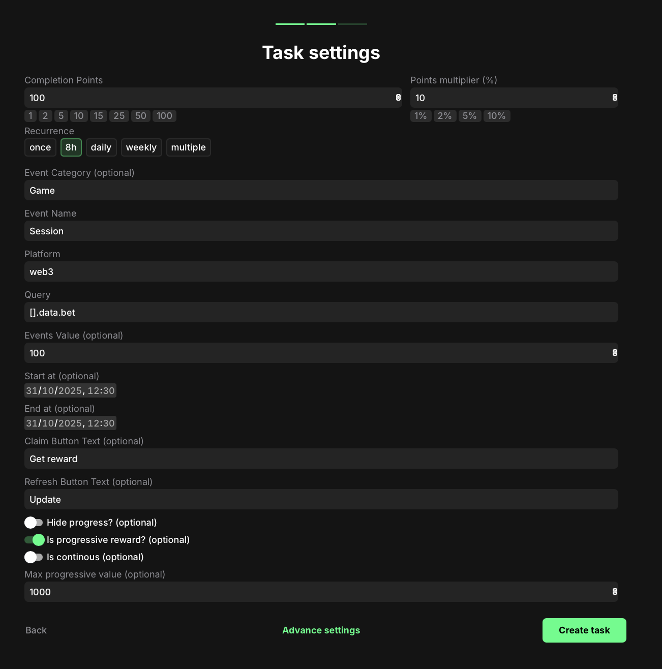 Custom events value task settings