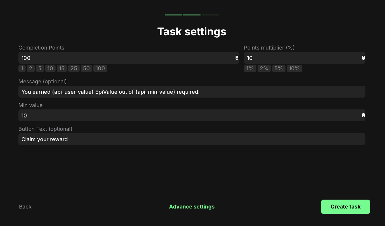 API number value task settings