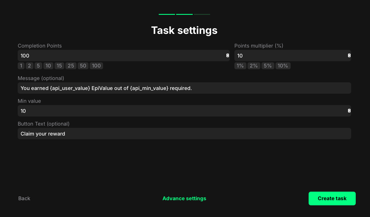API number value task settings