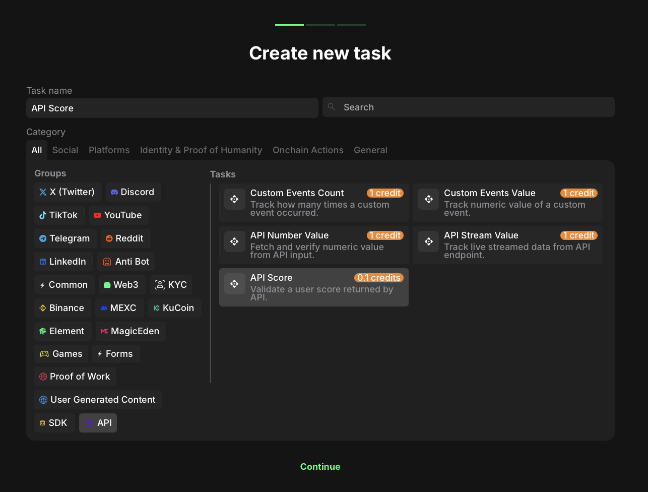 API score task category selection