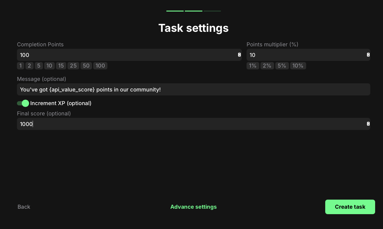 API score task settings