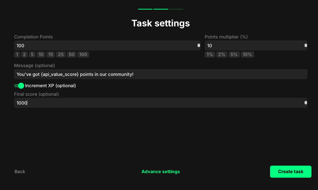 API score task settings