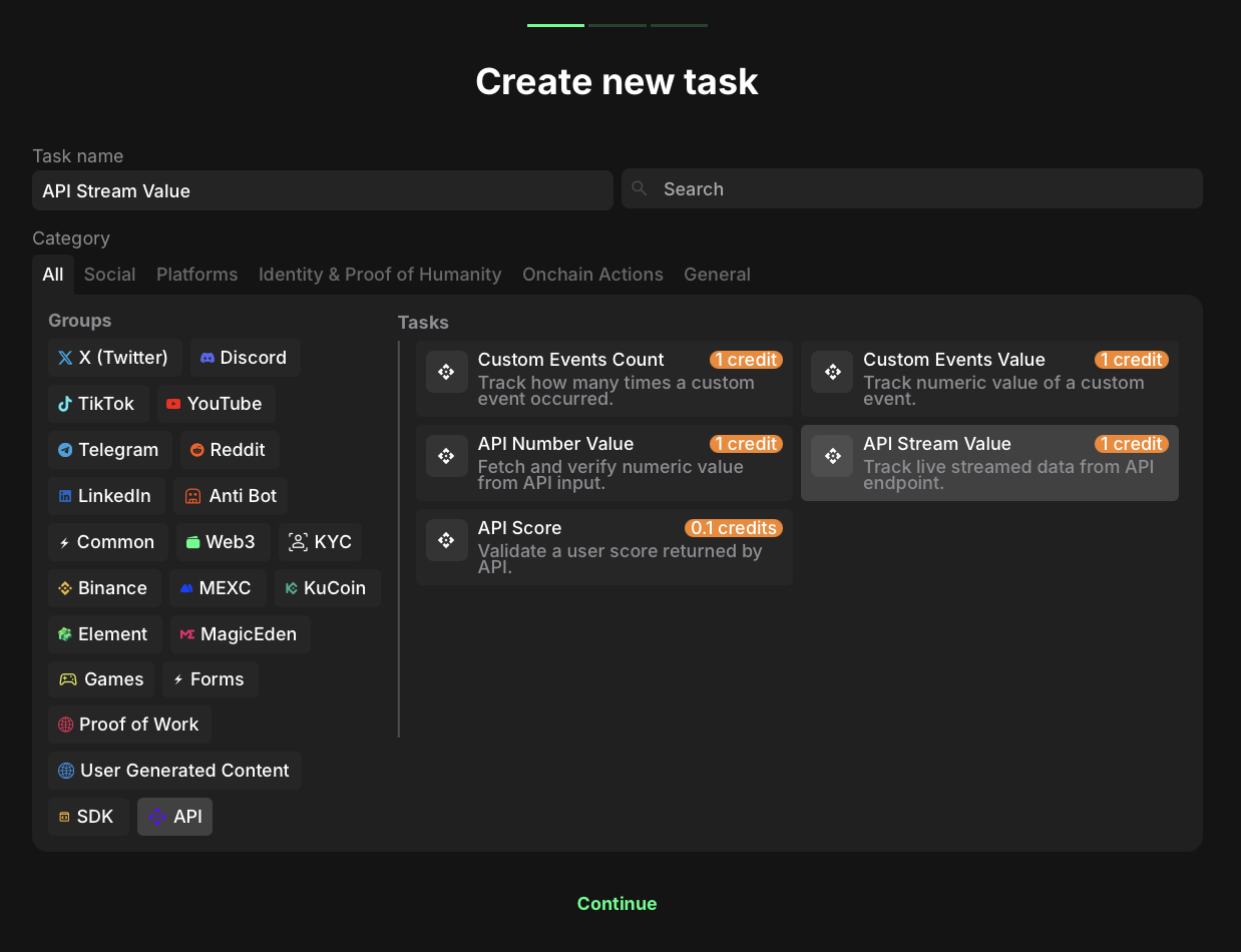 API stream value task category selection