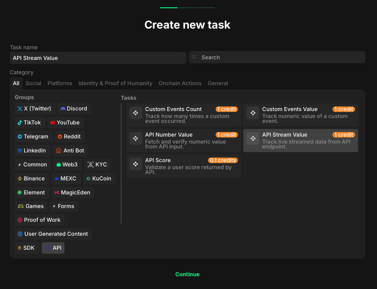 API stream value task category selection