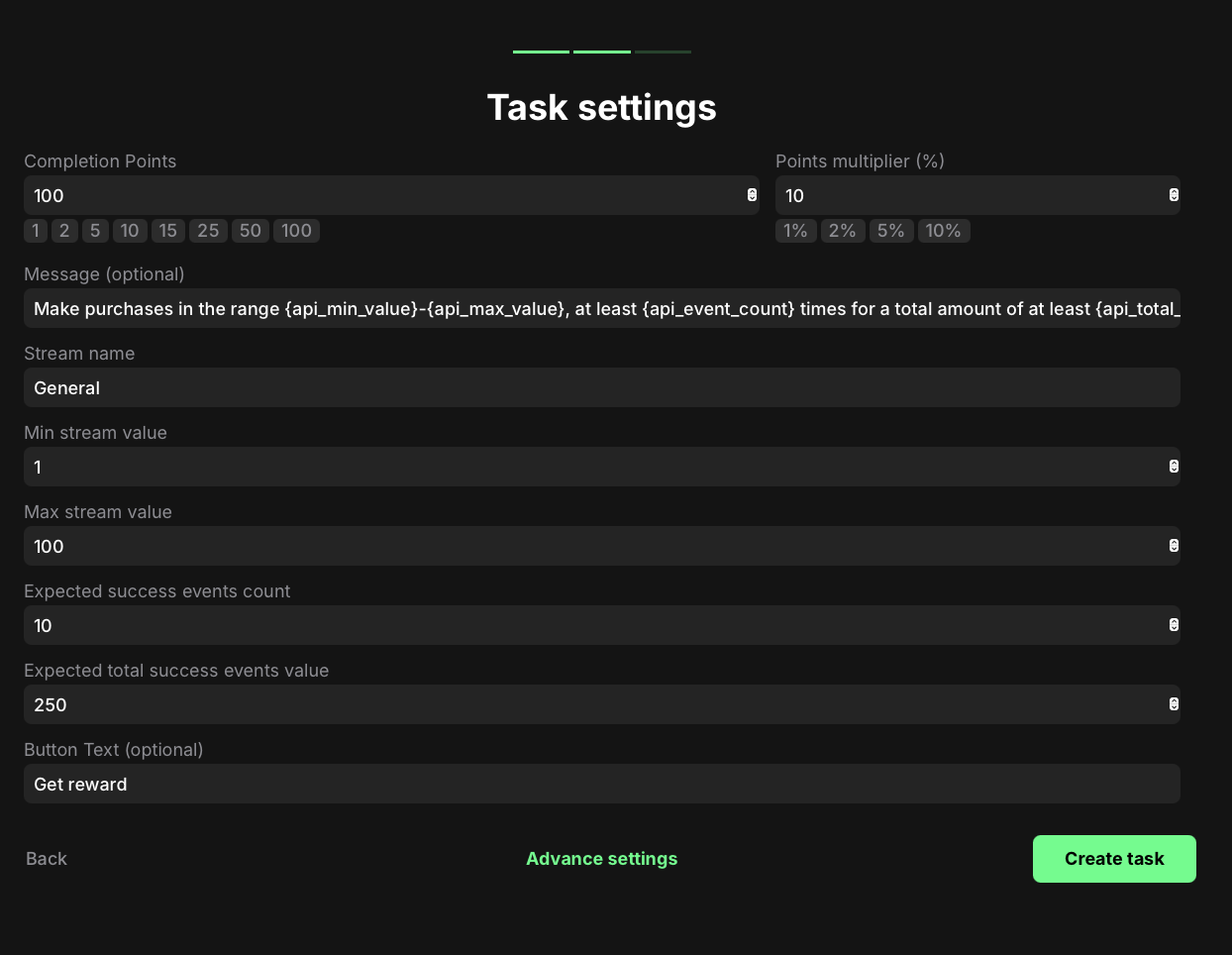 API stream value task settings
