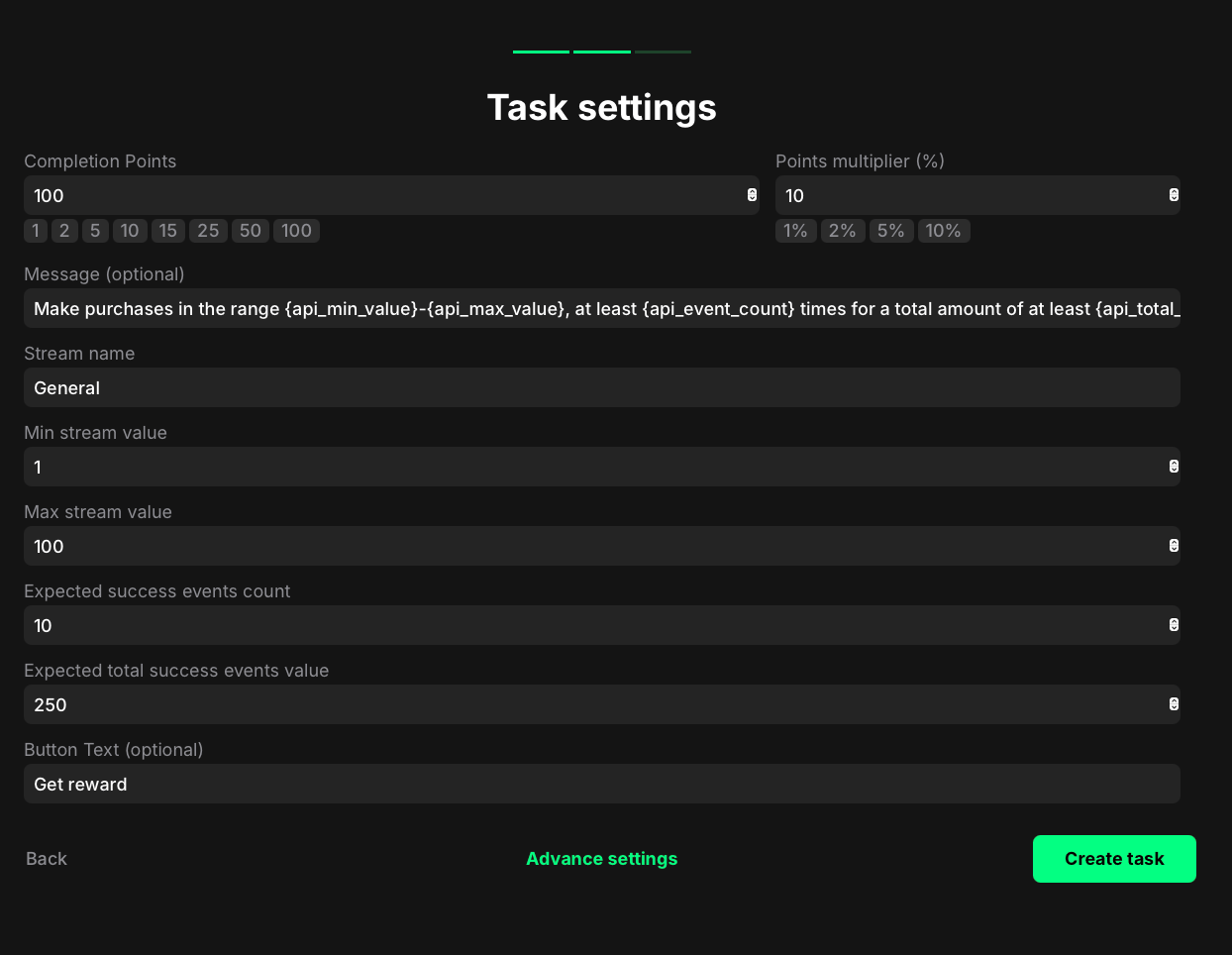 API stream value task settings