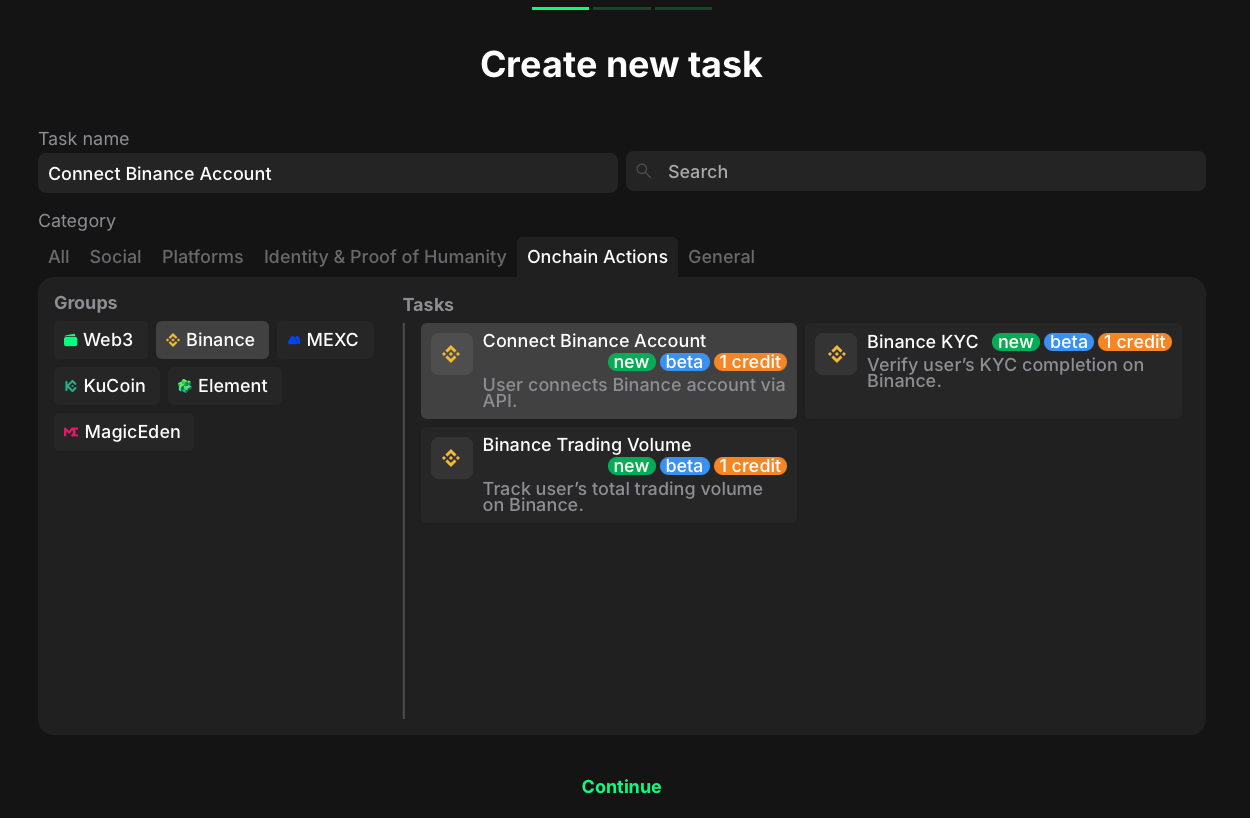 Binance task types overview