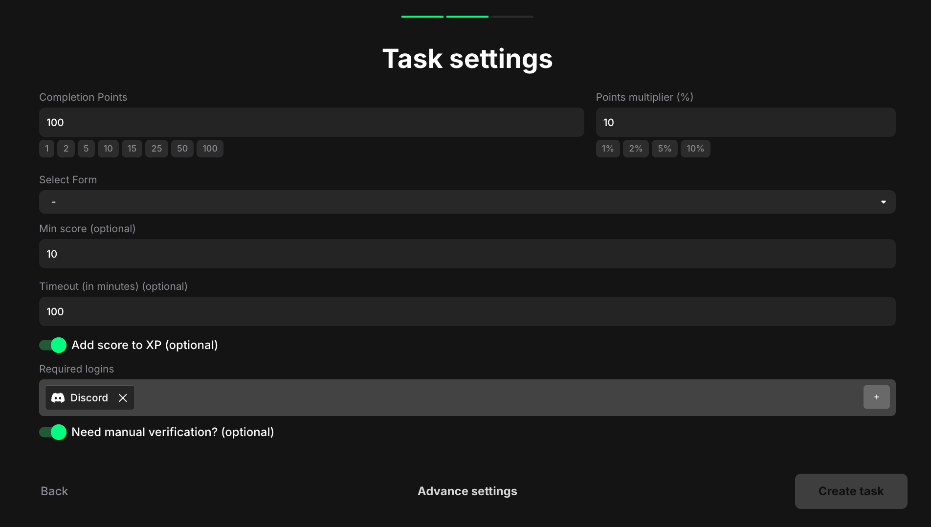 Claimr form task settings