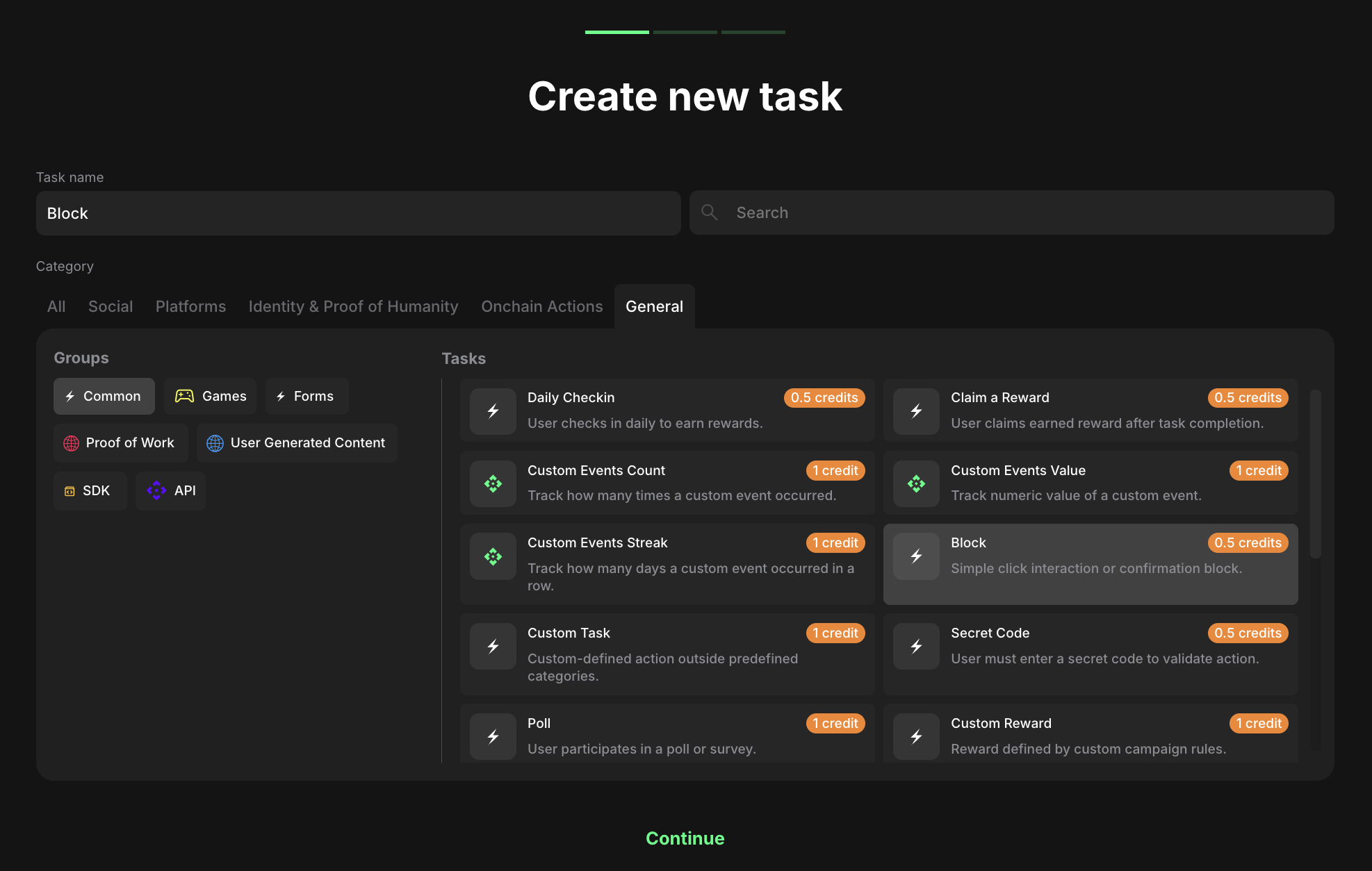 Block task type selection