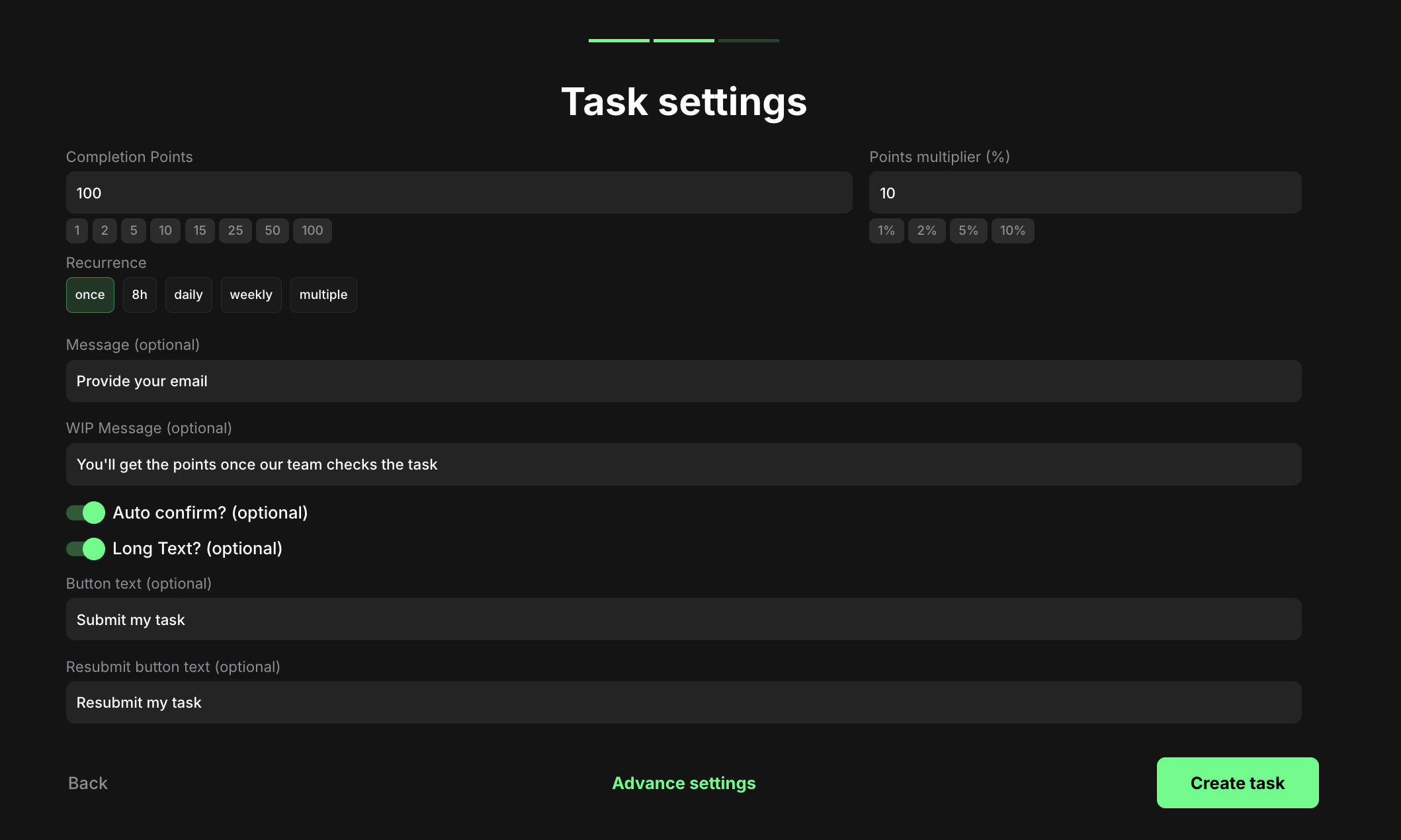 Custom task settings