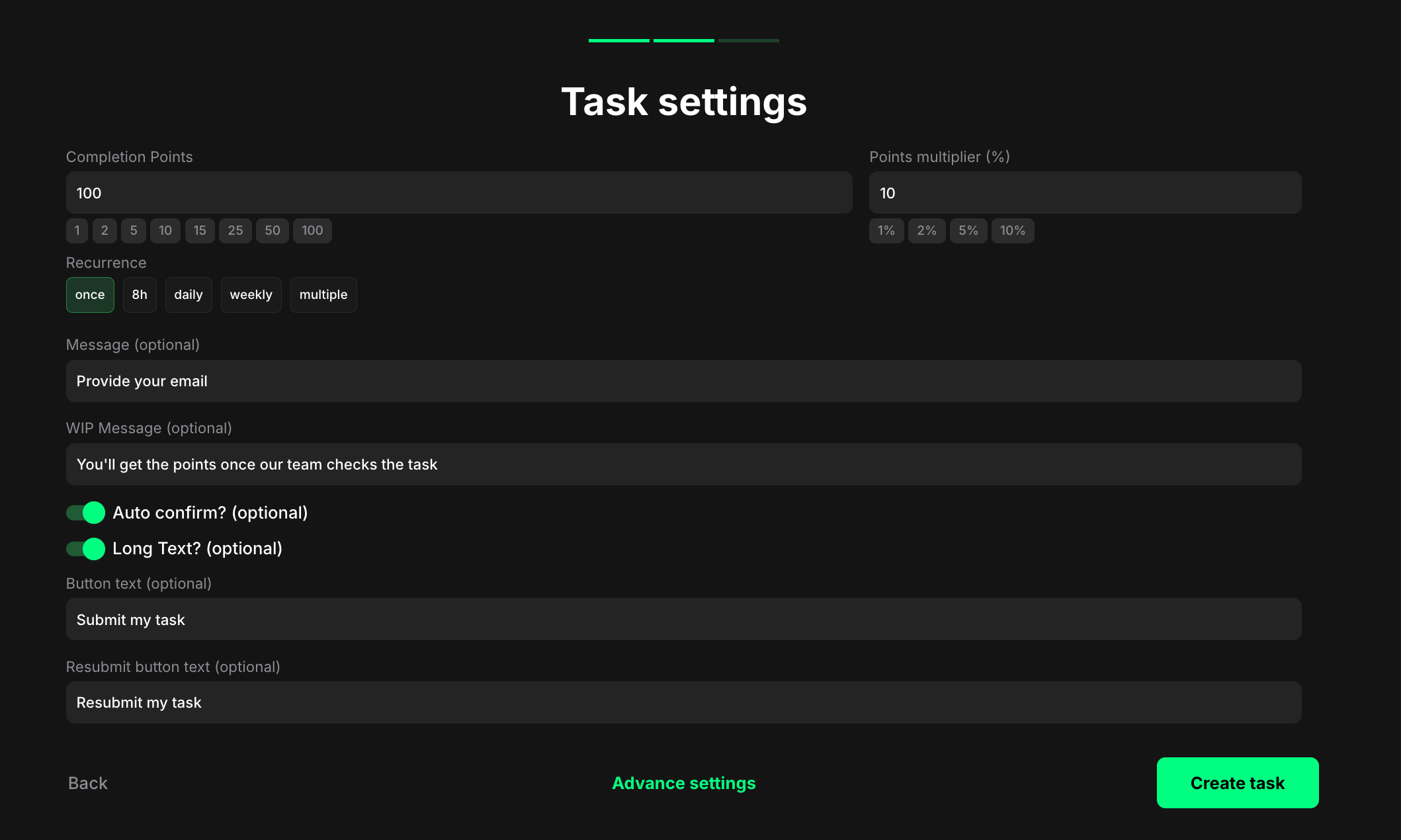 Custom task settings