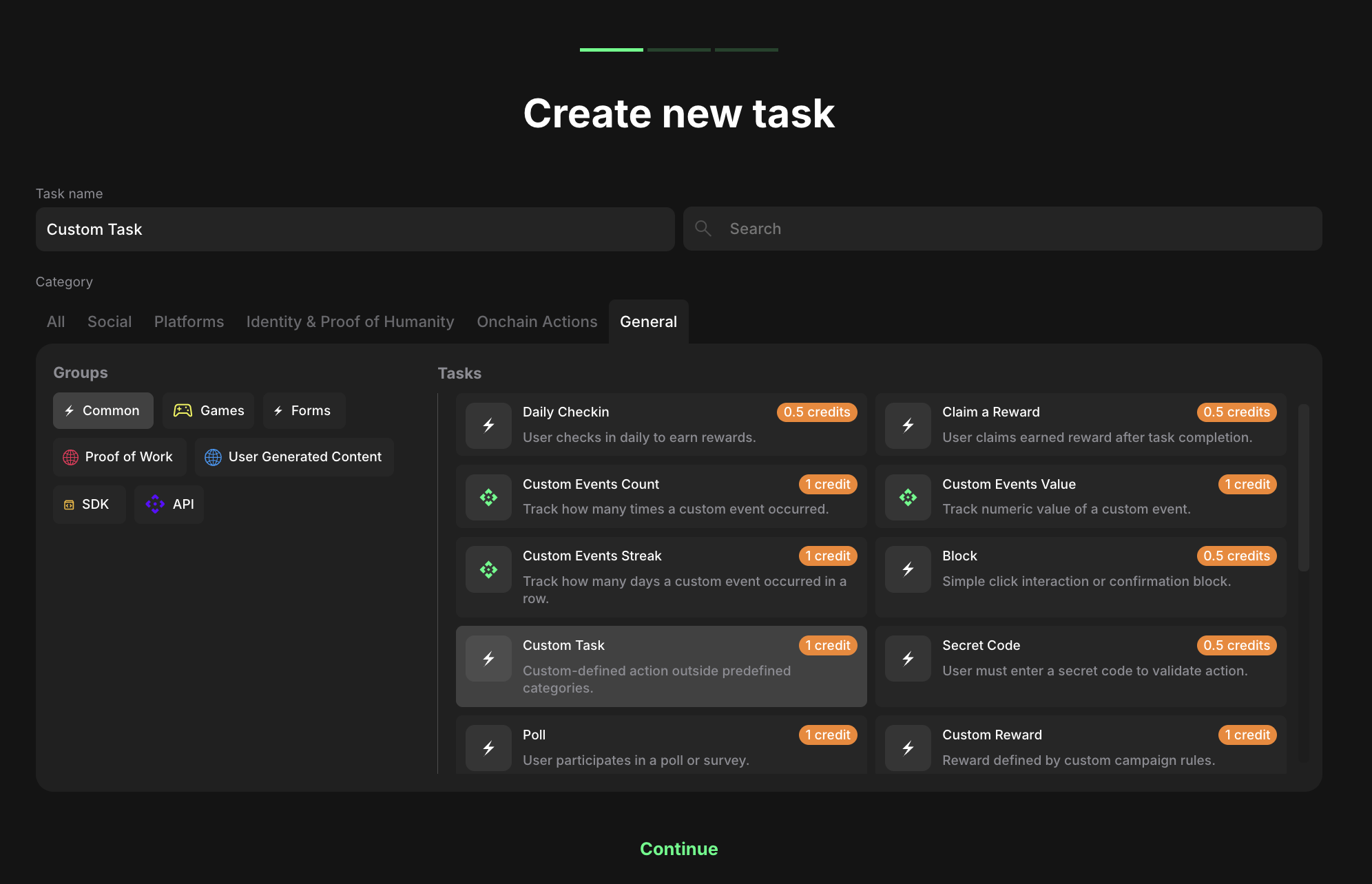 Custom task type selection