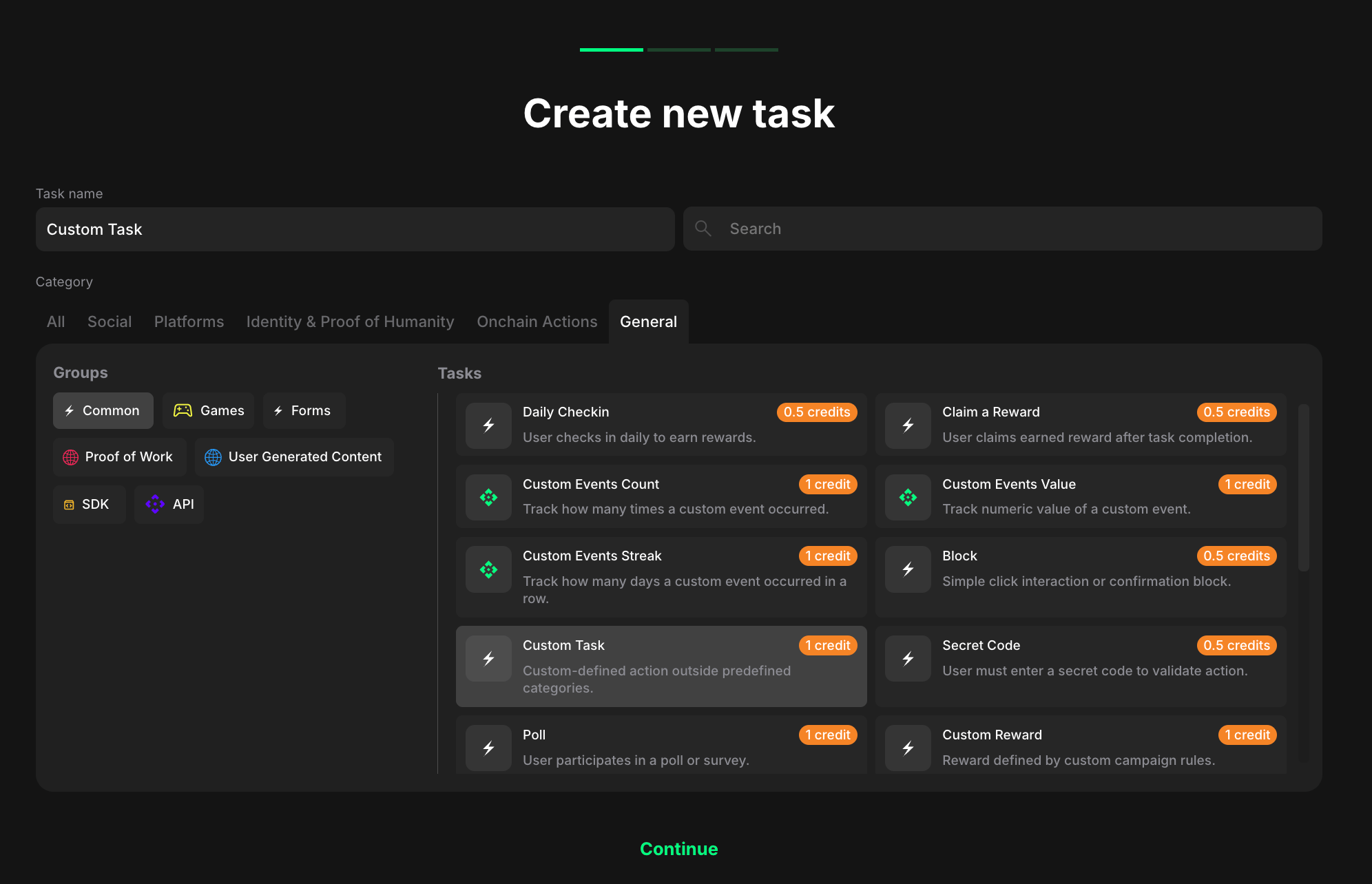 Custom task type selection