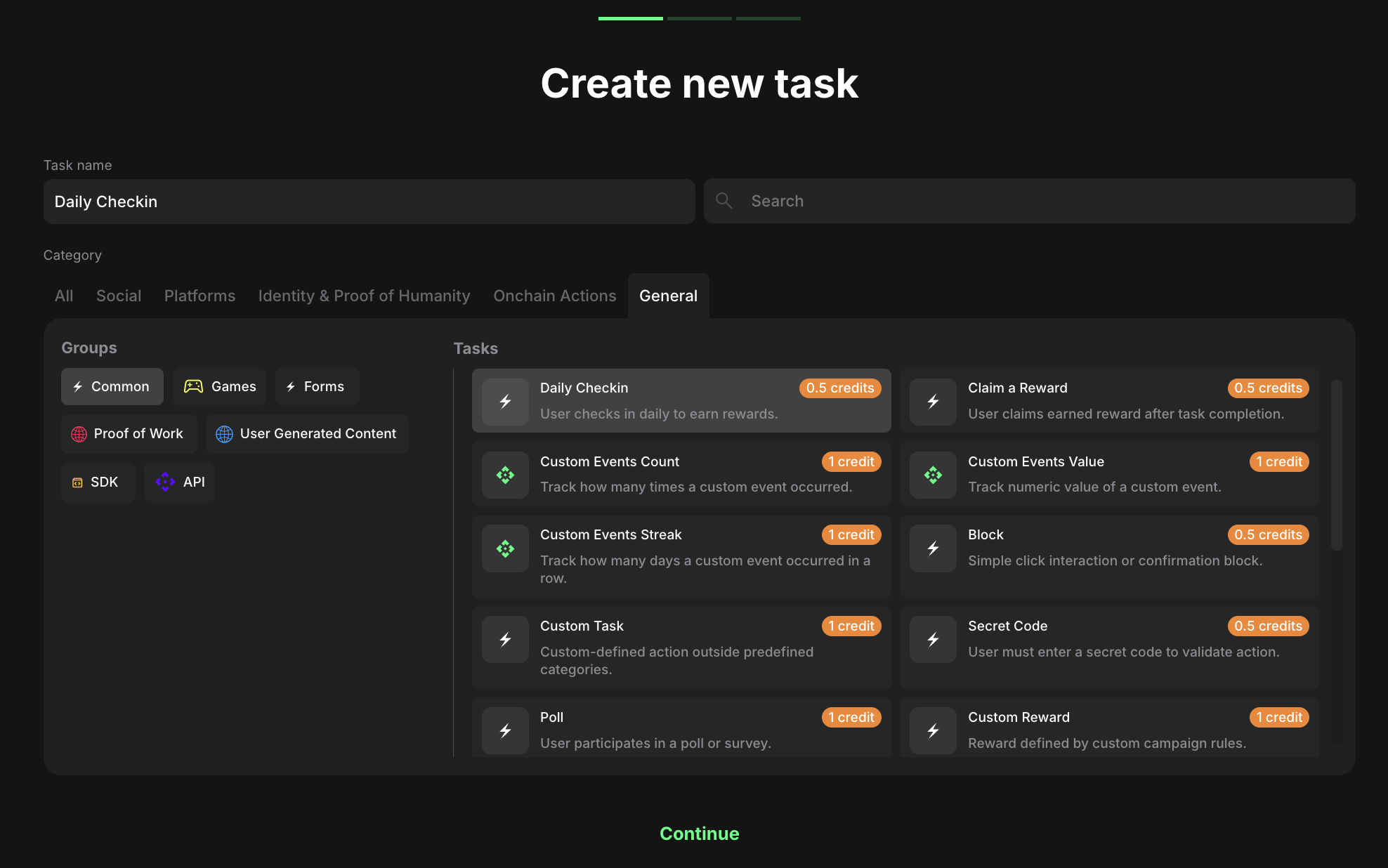 Daily checkin task type selection