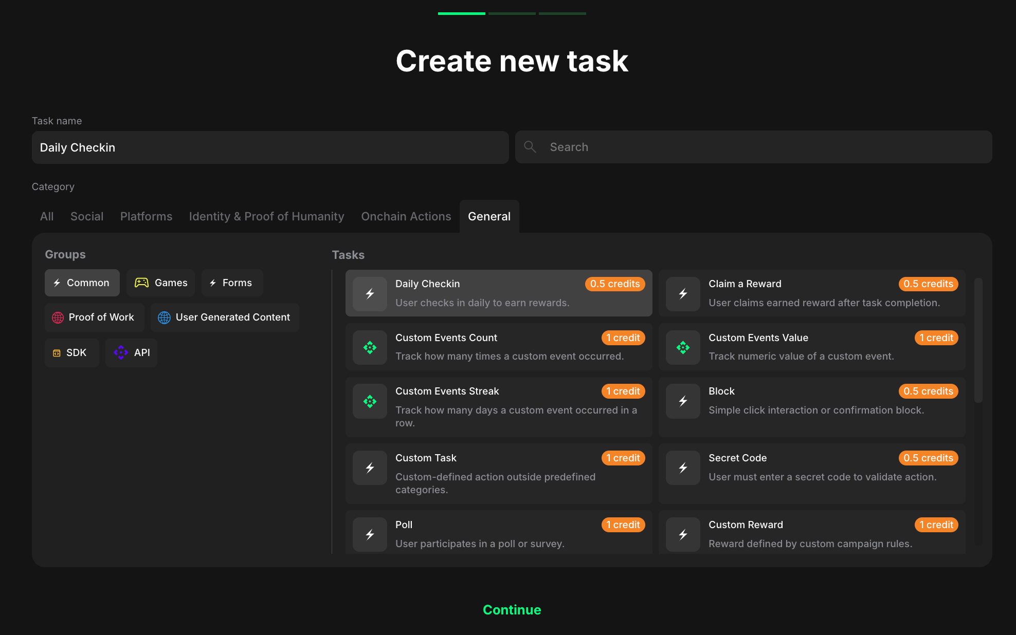 Daily checkin task type selection
