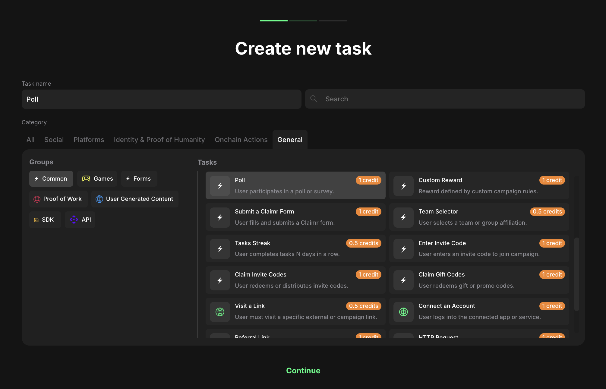 Poll task type selection