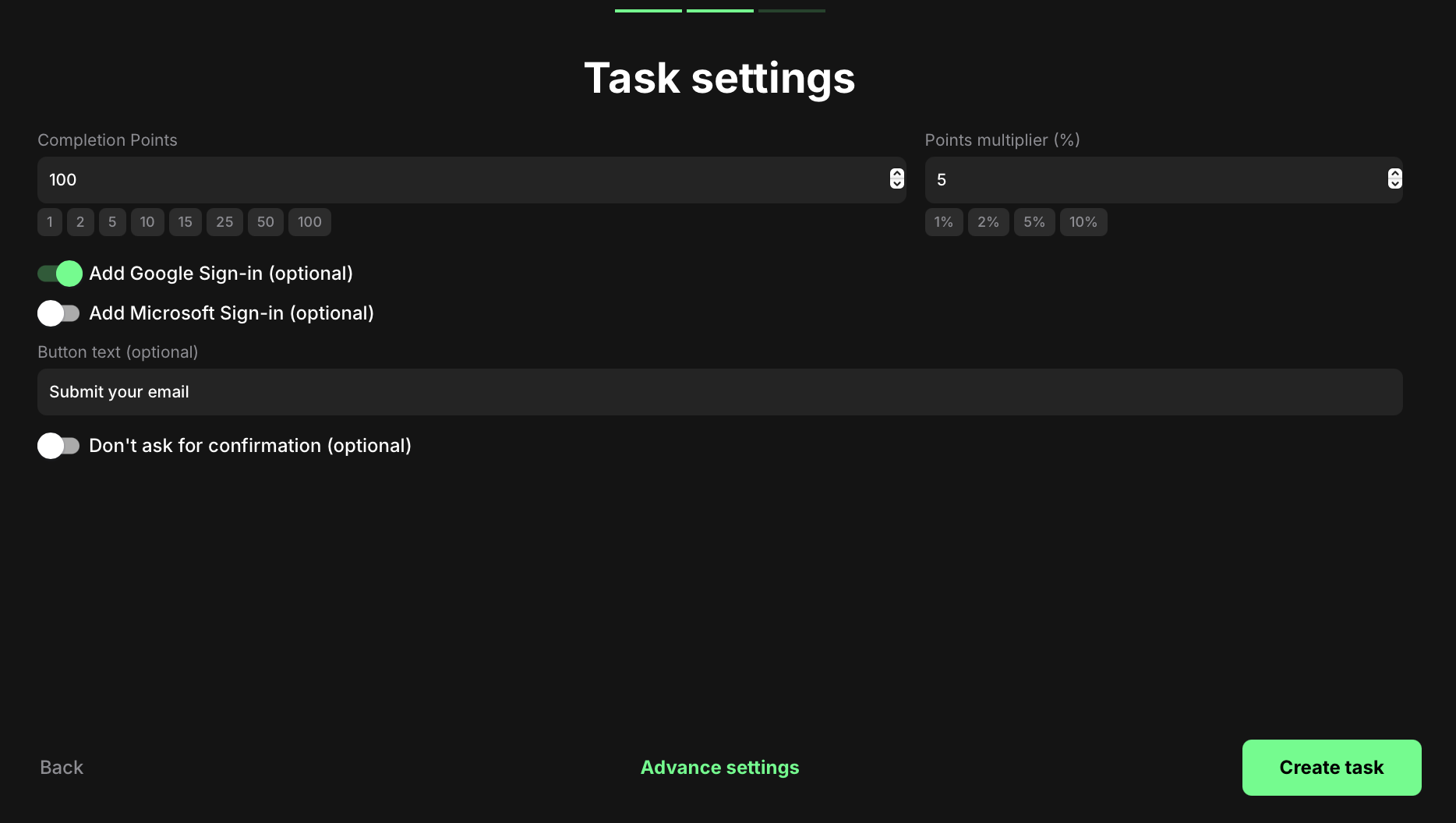Submit an email task settings