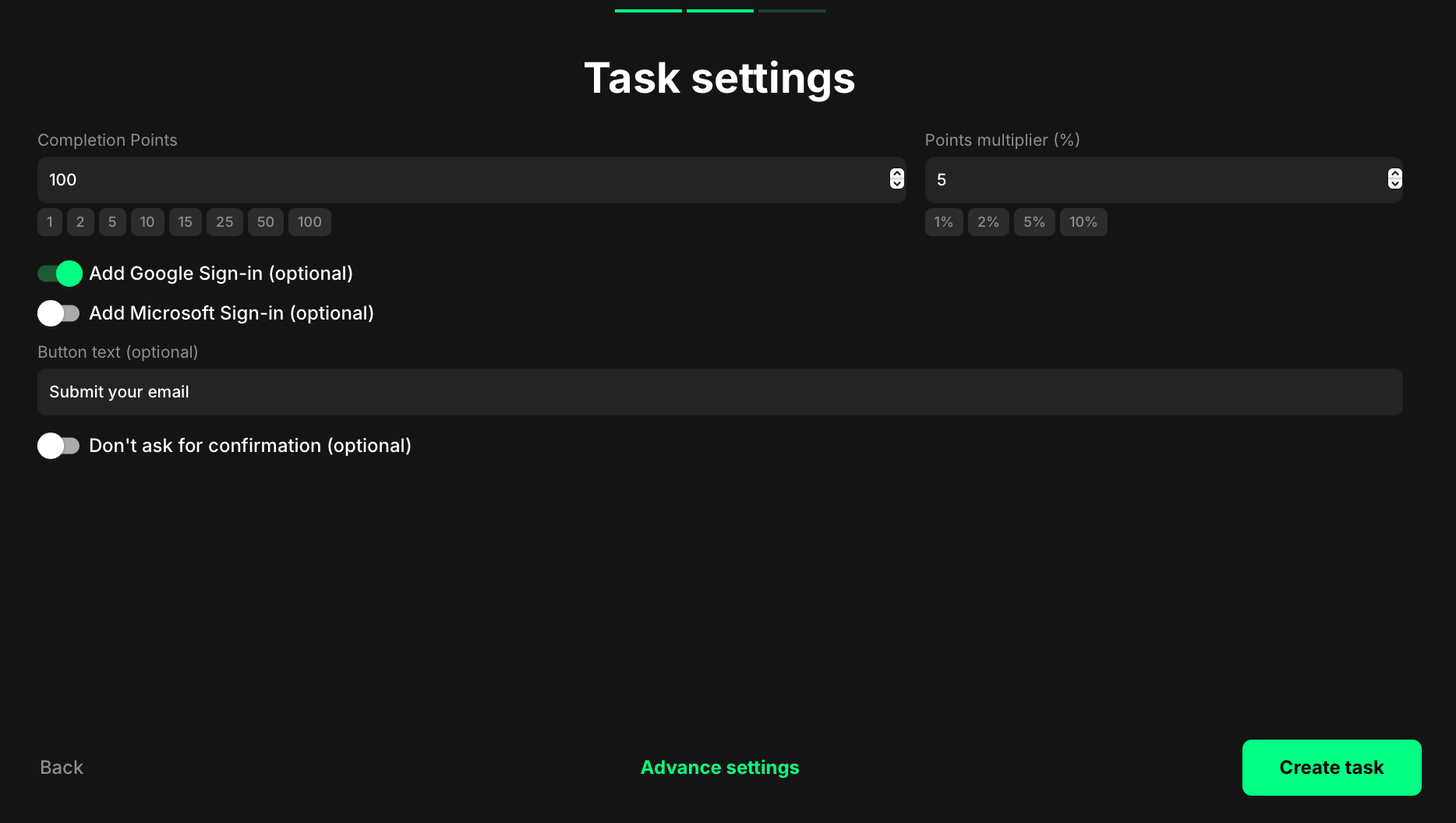 Submit an email task settings