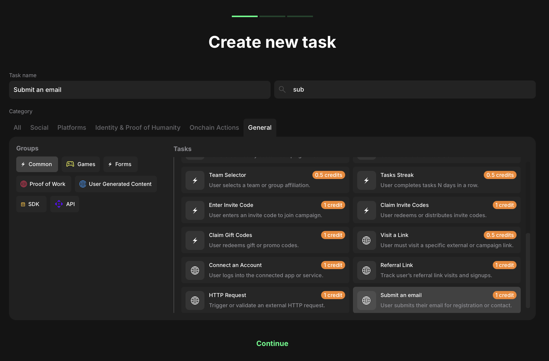 Submit an email task type selection