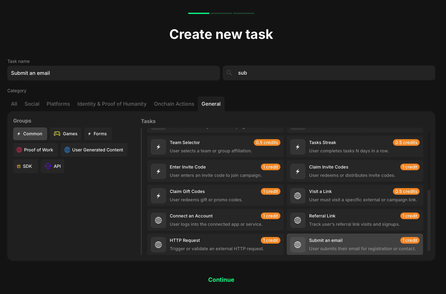 Submit an email task type selection